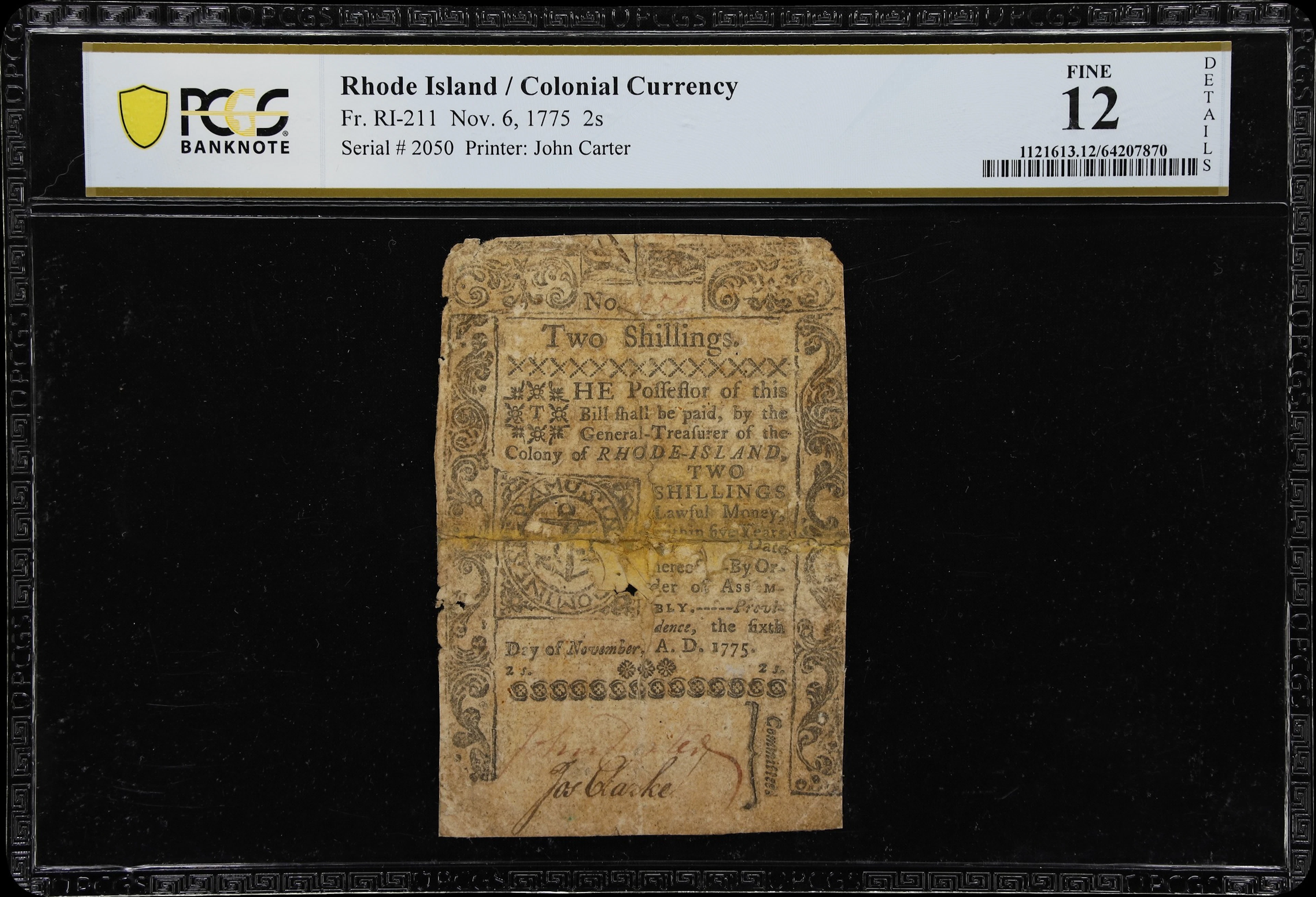 RI-211. Rhode Island. November 6, 1775. 2 Shillings. PCGS Banknote