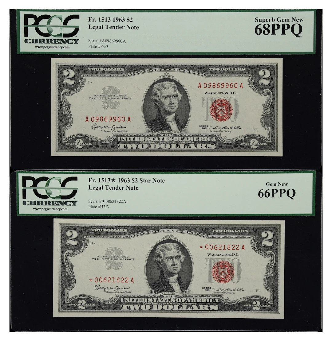Lot of (2) Fr. 1513 & 1513*. 1963 $2 Legal Tender Notes. PCGS Currency