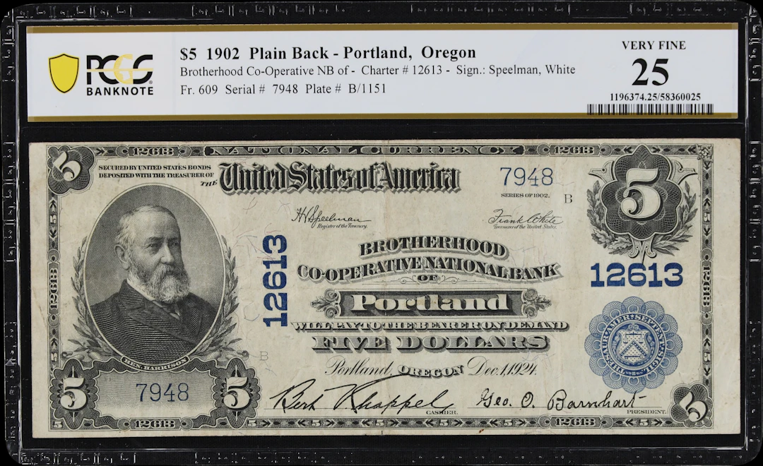 Portland, Oregon. $5 1902 Plain Back. Fr. 609. Brotherhood Co-operative