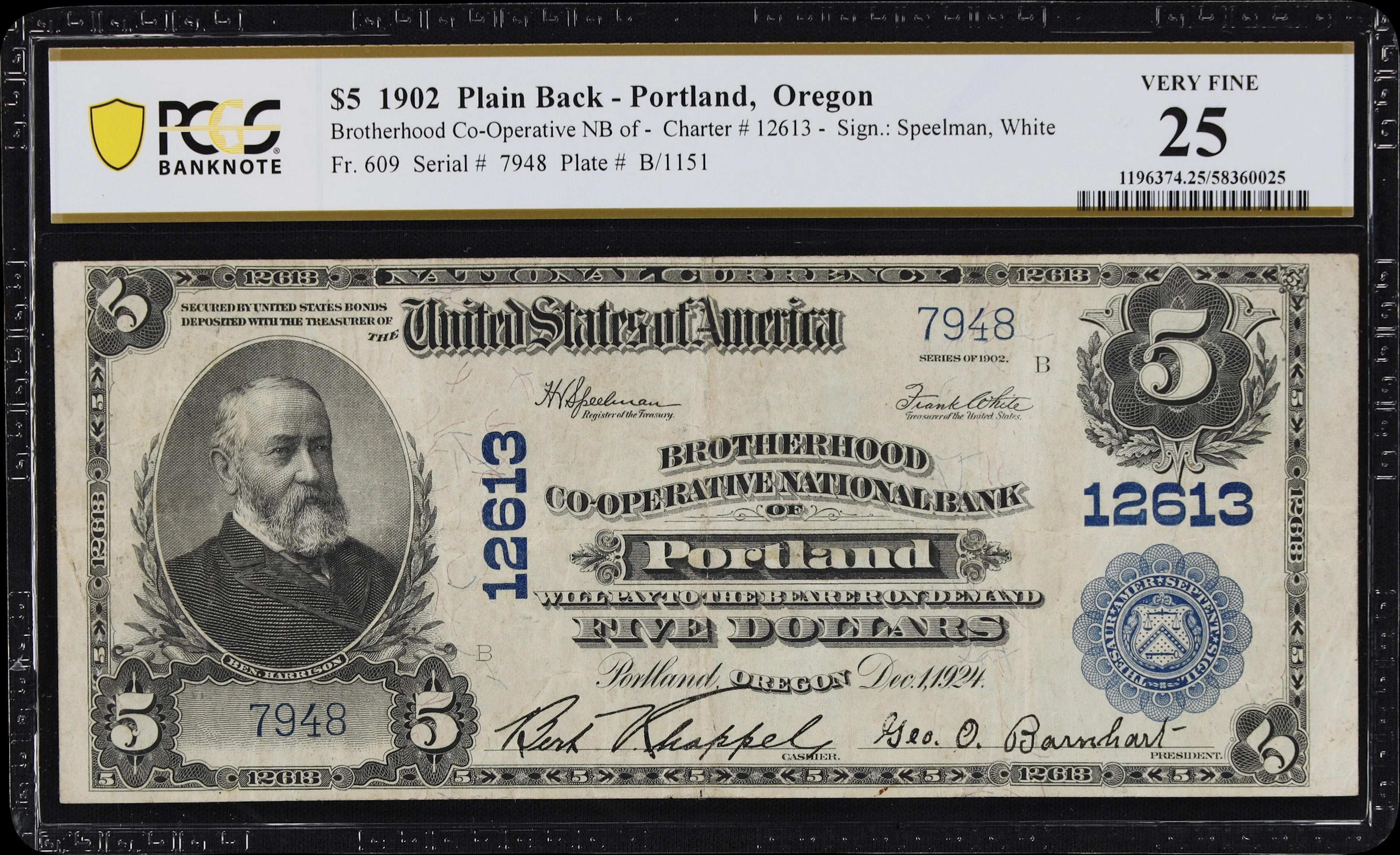 Portland, Oregon. $5 1902 Plain Back. Fr. 609. Brotherhood Co-operative