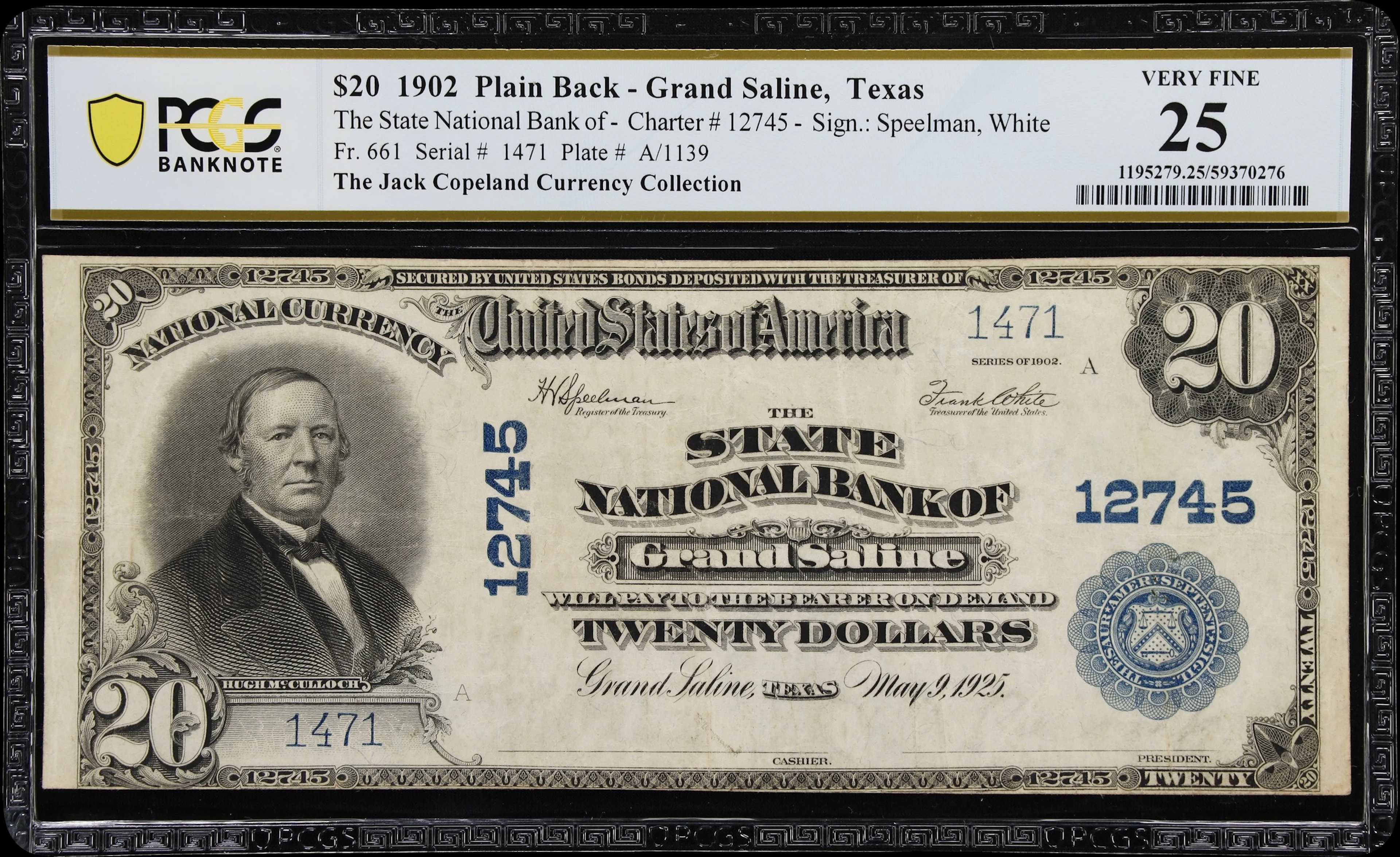Grand Saline, Texas. $20 1902 Plain Back. Fr. 661. State NB. Charter