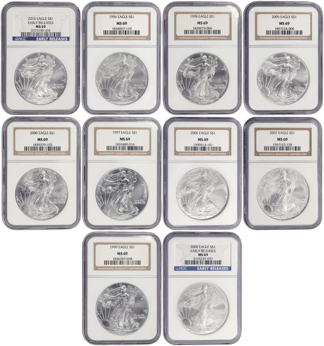 (10 oz, 311.04 g ASW). Lot of (10) Mixed Date American Silver Eagles.