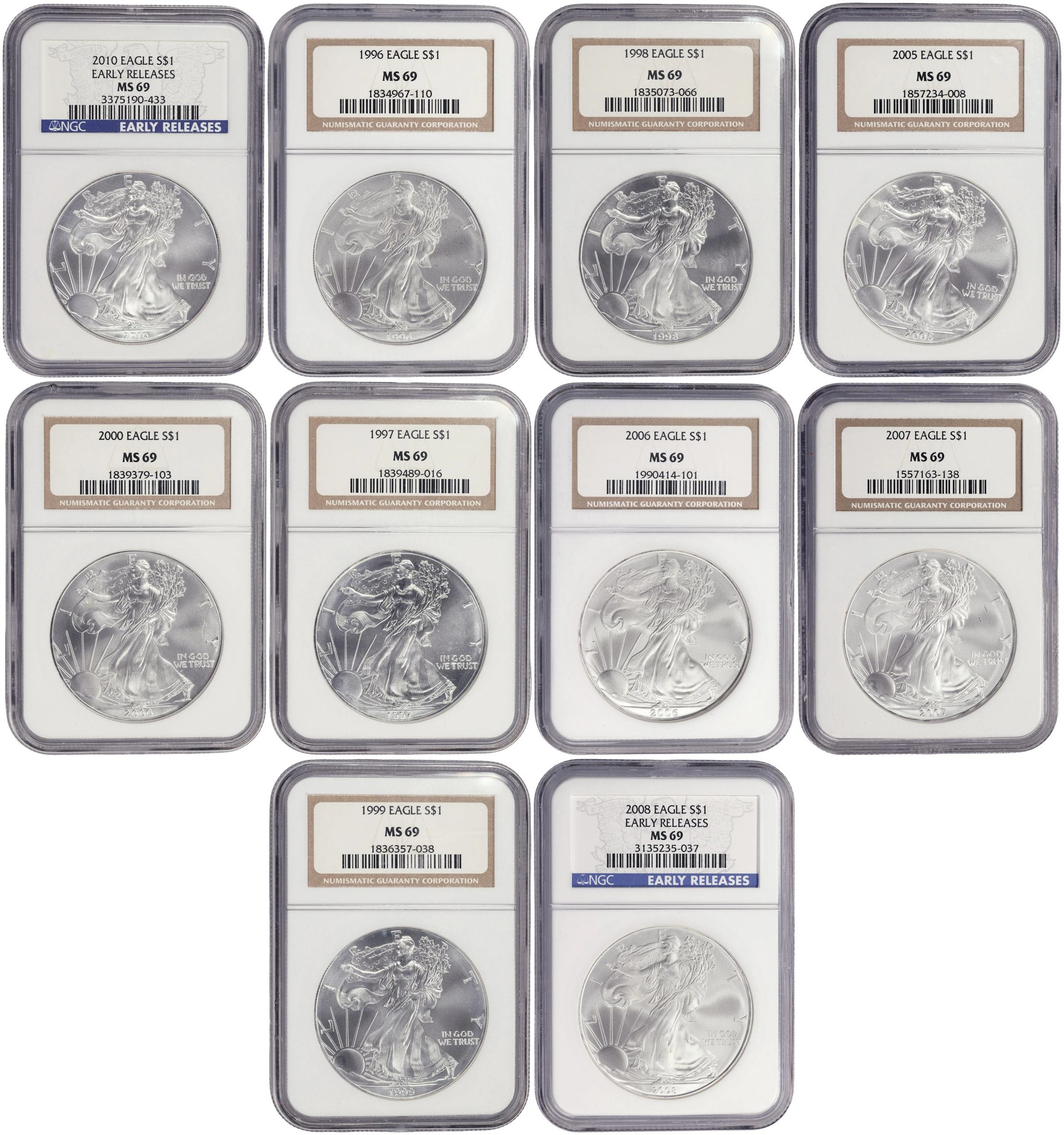 (10 oz, 311.04 g ASW). Lot of (10) Mixed Date American Silver Eagles.