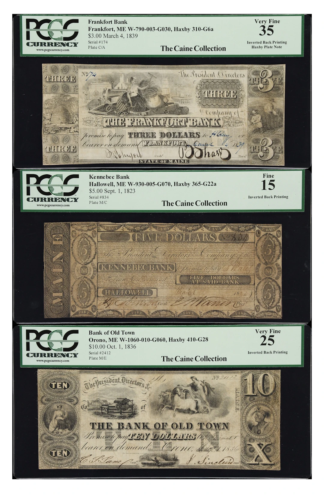 Lot of (3) Frankfort, Hallowell & Orono, Maine. Mixed Issuers. 1823-39