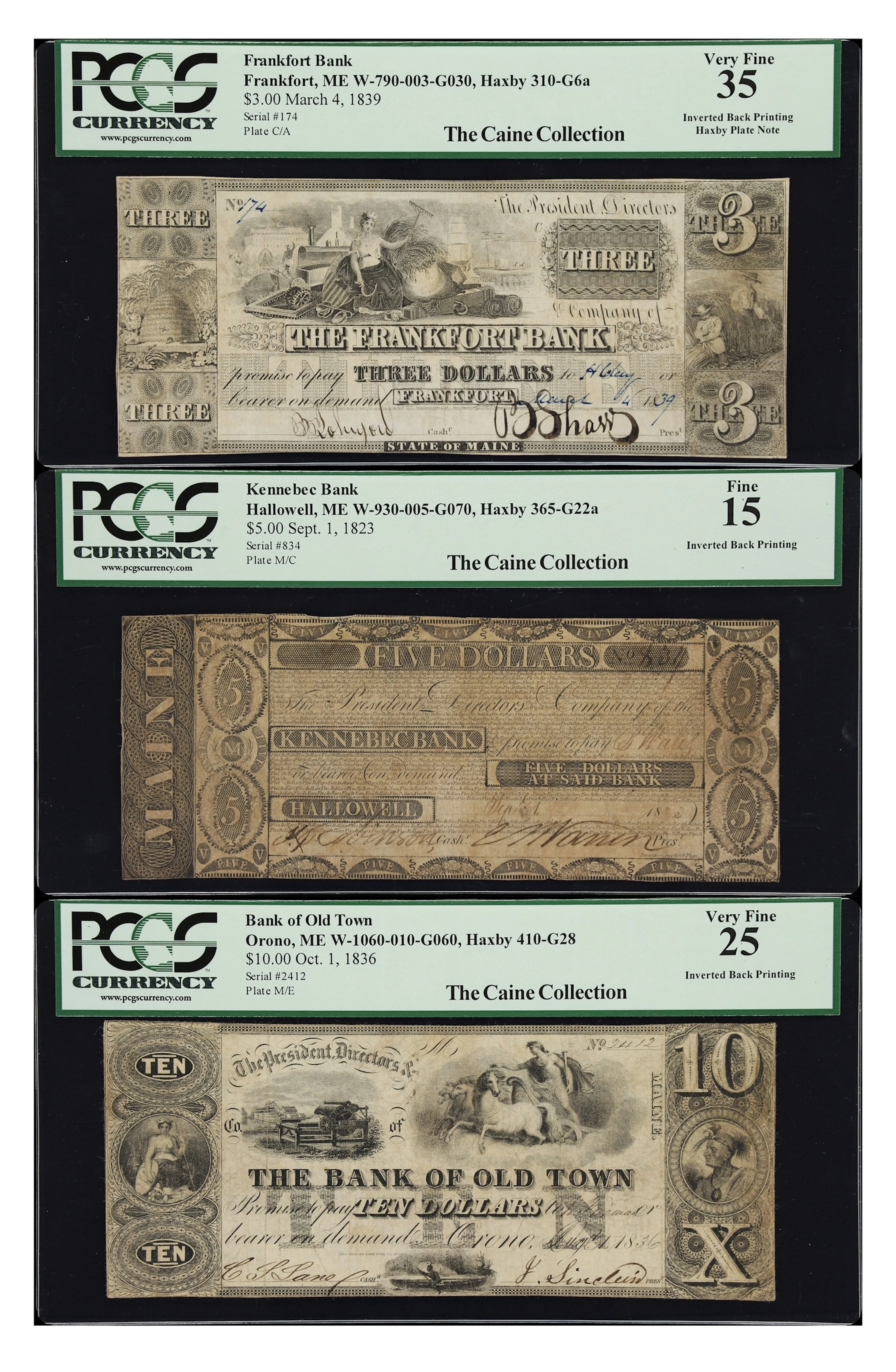 Lot of (3) Frankfort, Hallowell & Orono, Maine. Mixed Issuers. 1823-39