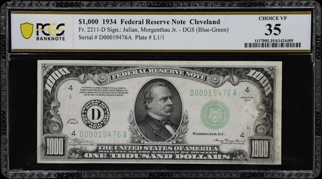 Fr. 2211-D. 1934 Dark Green Seal $1000 Federal Reserve Note. Cleveland.