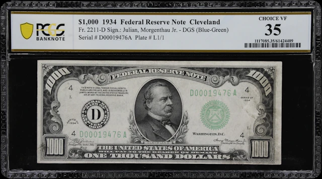 Fr. 2211-D. 1934 Dark Green Seal $1000 Federal Reserve Note. Cleveland.
