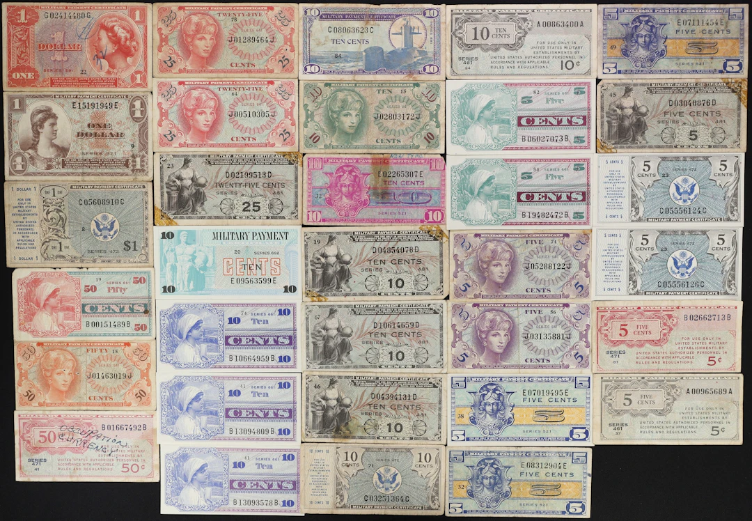Lot of (33) Mixed Military Payment Certificates. Mixed Series Imprints.