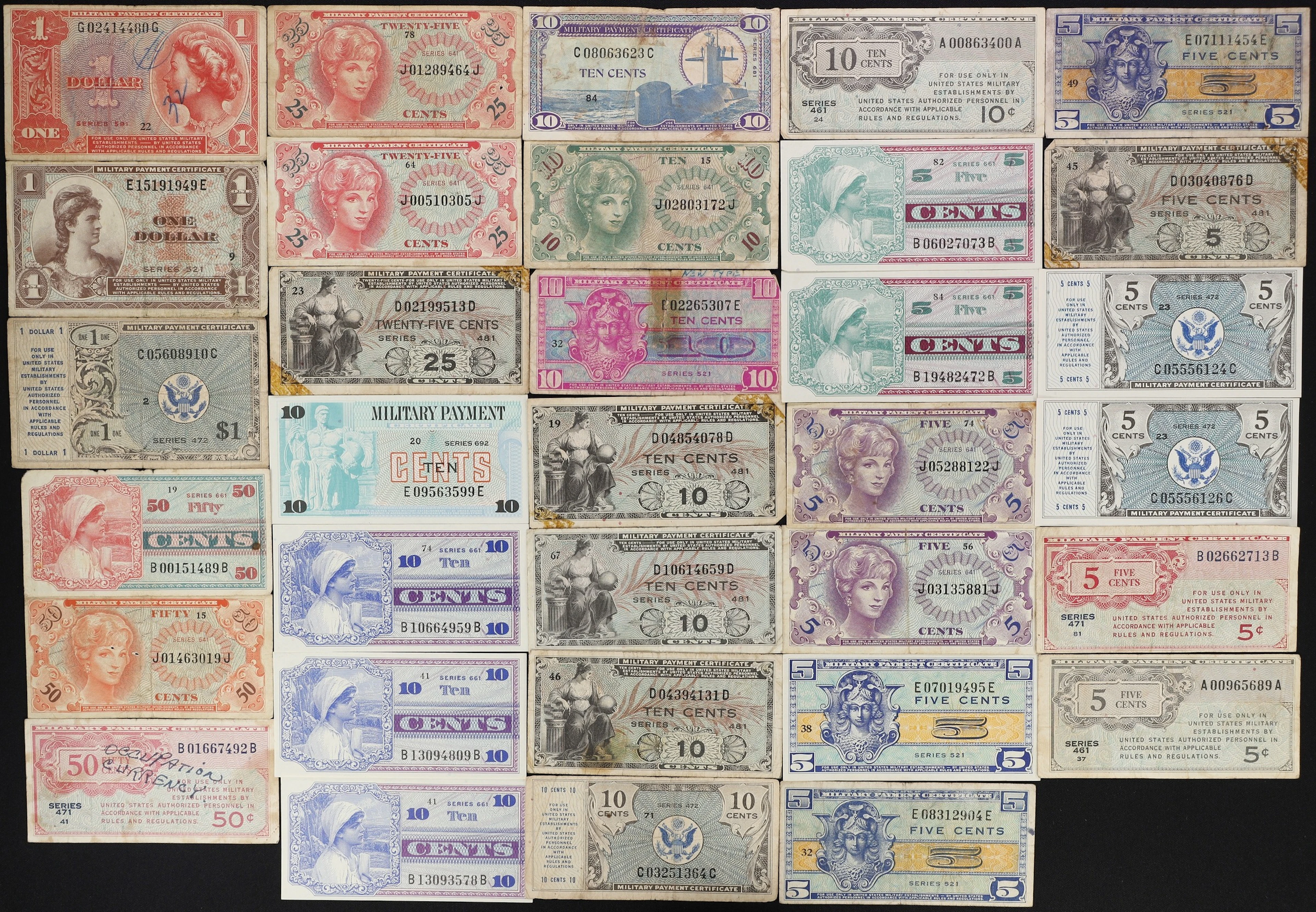 Lot of (33) Mixed Military Payment Certificates. Mixed Series Imprints.