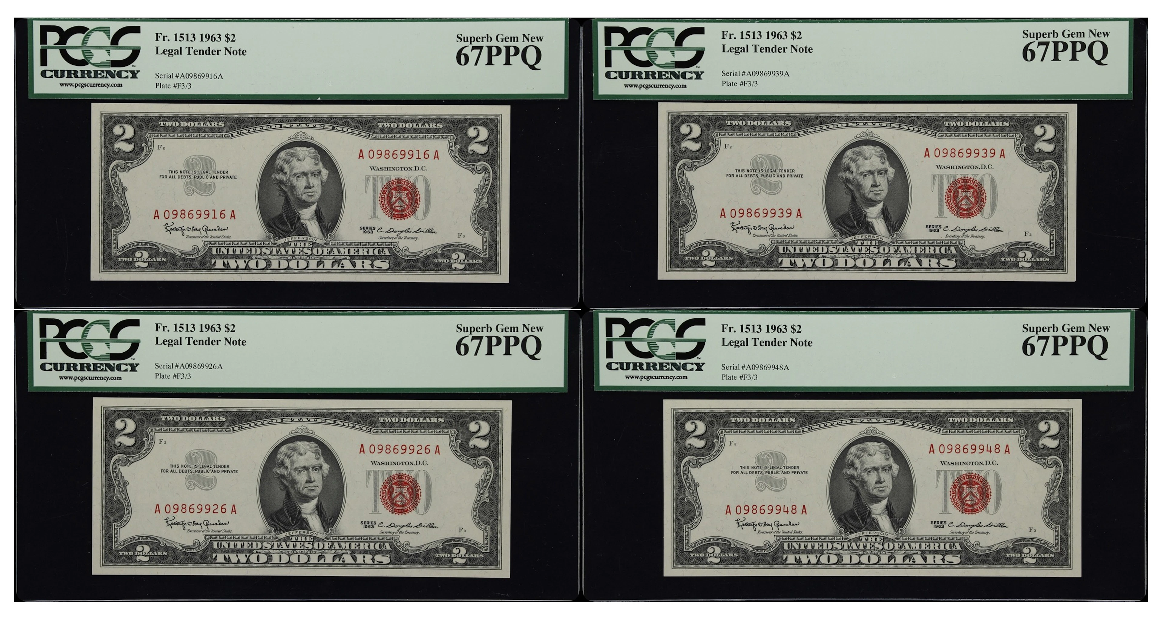 Lot of (4) Fr. 1513. 1963 $2 Legal Tender Notes. PCGS Currency Superb