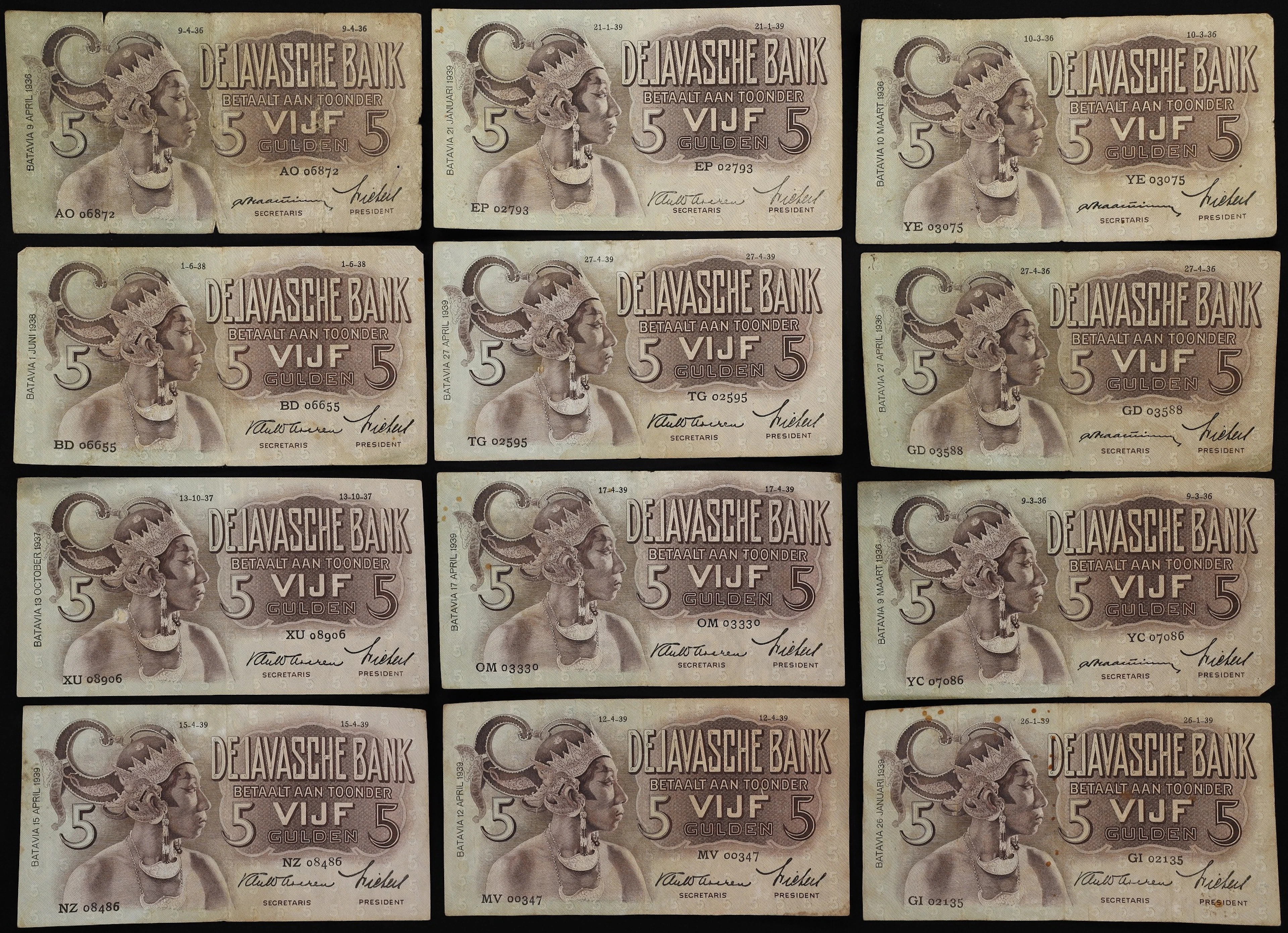 NETHERLANDS INDIES. Lot of (12). Javasche Bank. 5 Gulden, 1936-39.