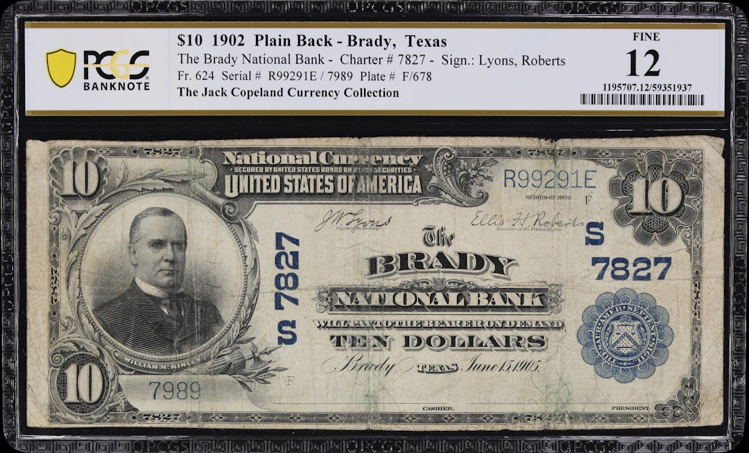 Brady, Texas. $10 1902 Plain Back. Fr. 624. Brady NB. Charter #7827.
