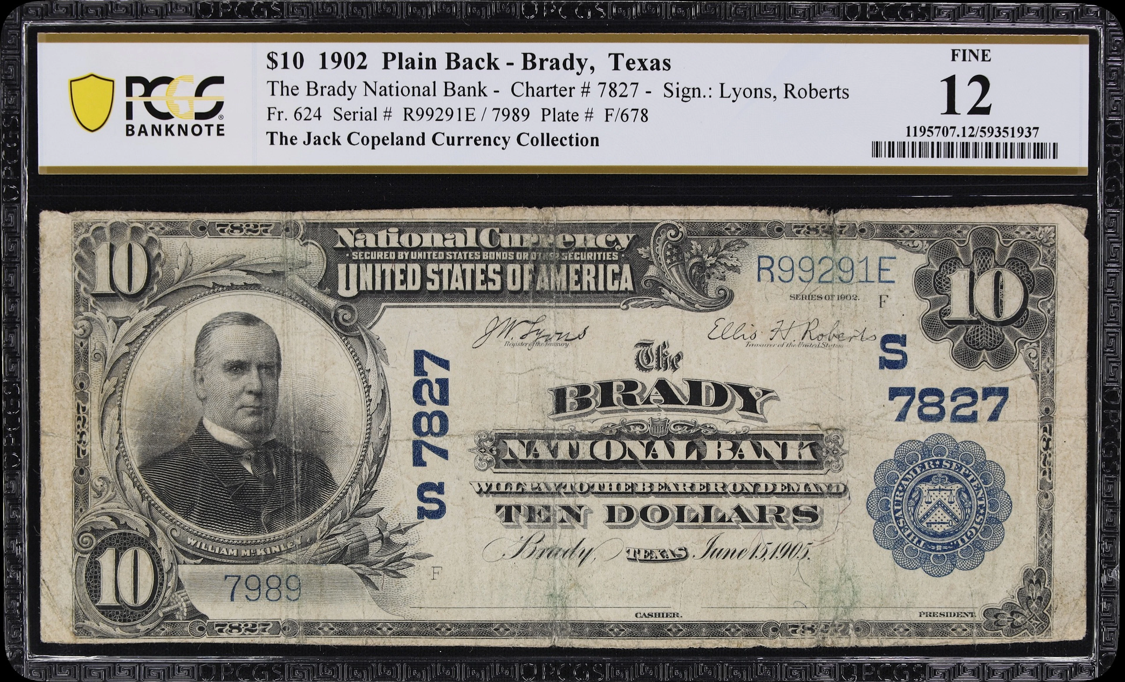 Brady, Texas. $10 1902 Plain Back. Fr. 624. Brady NB. Charter #7827.