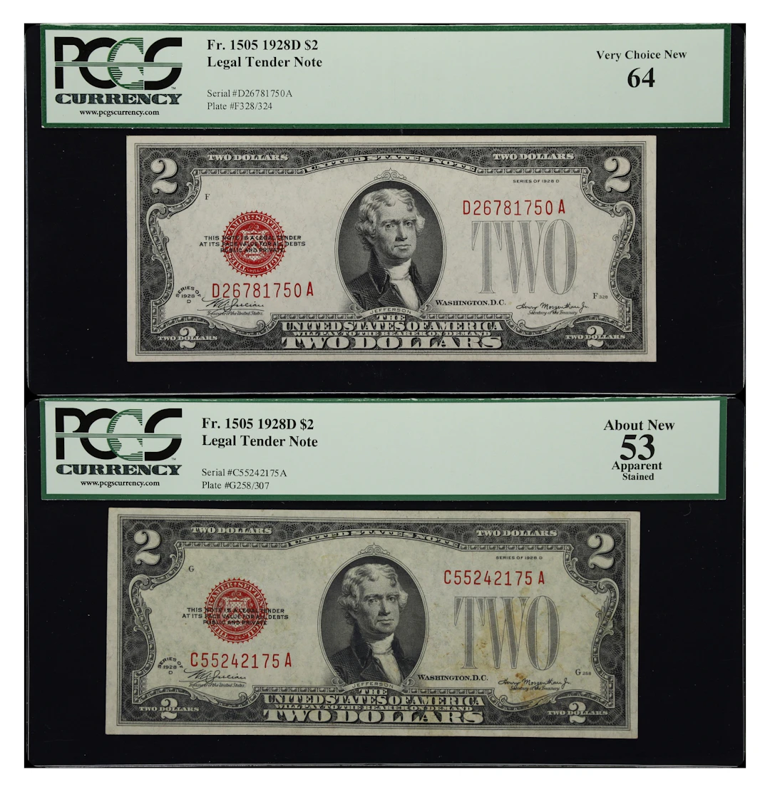 Lot of (2) Fr. 1505. 1928D $2 Legal Tender Notes. PCGS Currency About