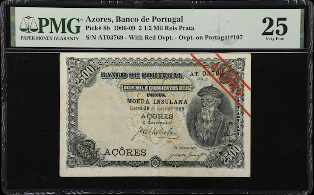 (◊) AZORES. Banco de Portugal. 2 1/2 Mil Reis Prata, 30.7.1909. P-8b.