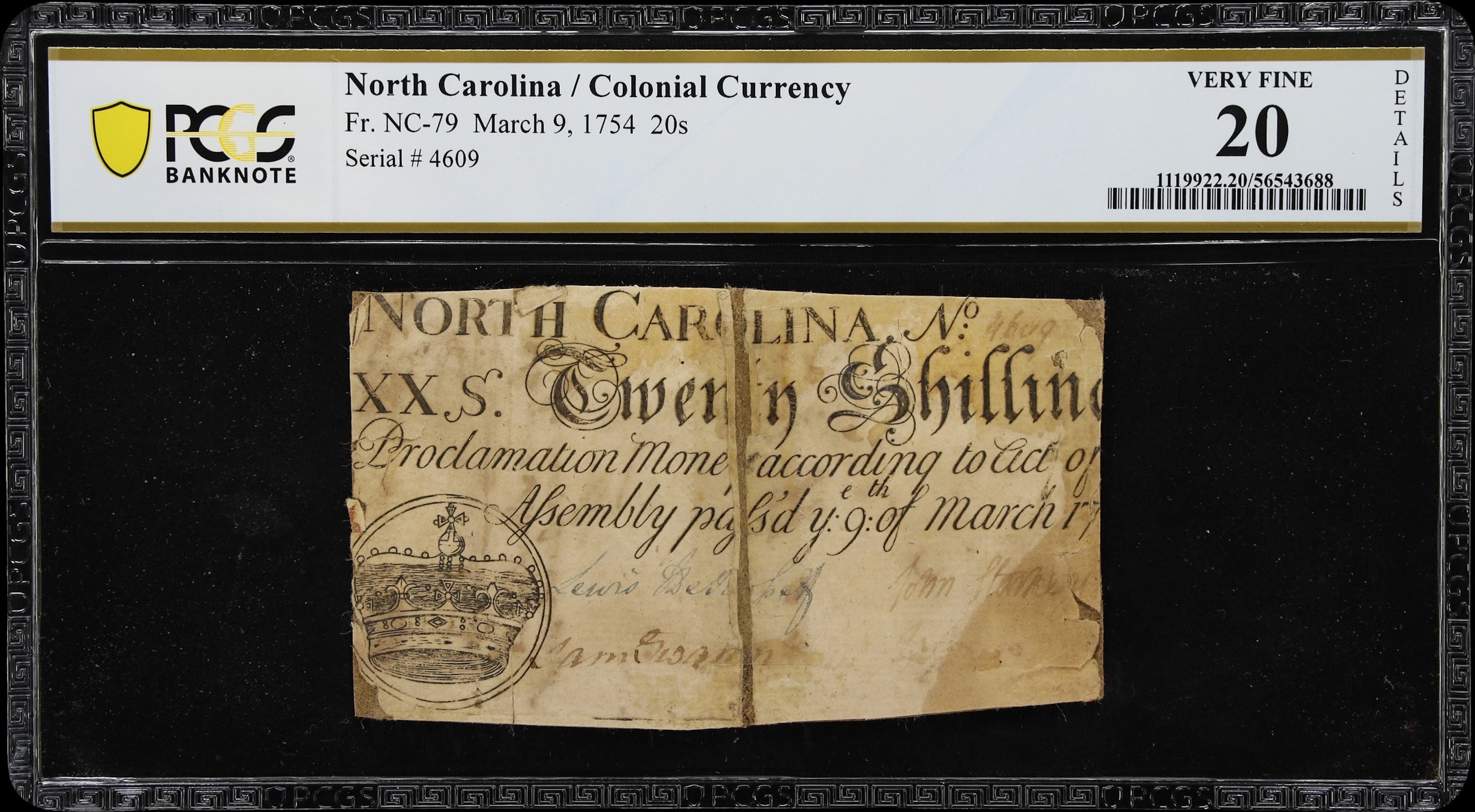 NC-79. North Carolina. March 9, 1754. 20 Shillings. PCGS Banknote