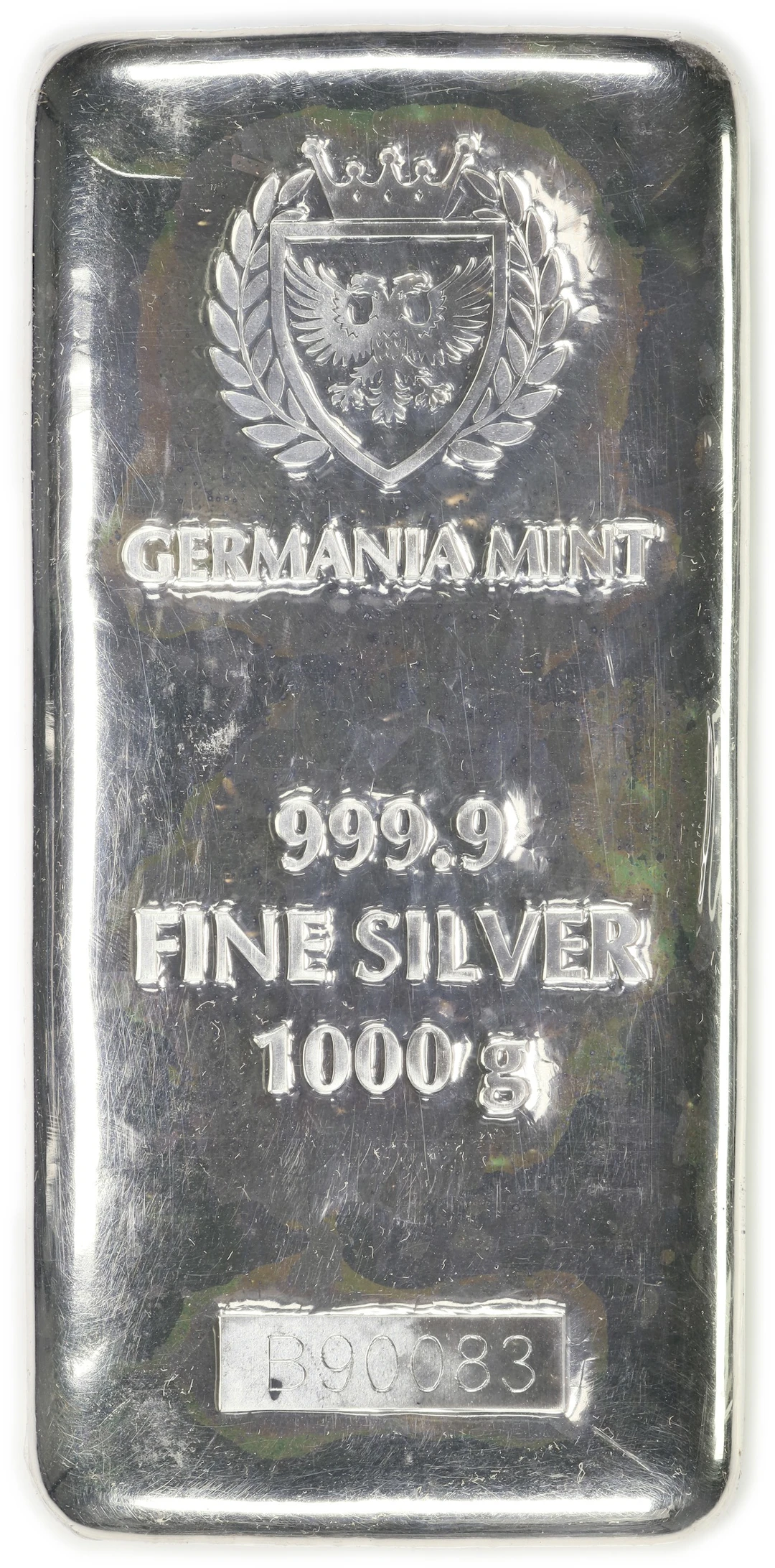 (32.151 oz, 1000 g ASW). Germania Mint 1 Kilo Silver Bar.