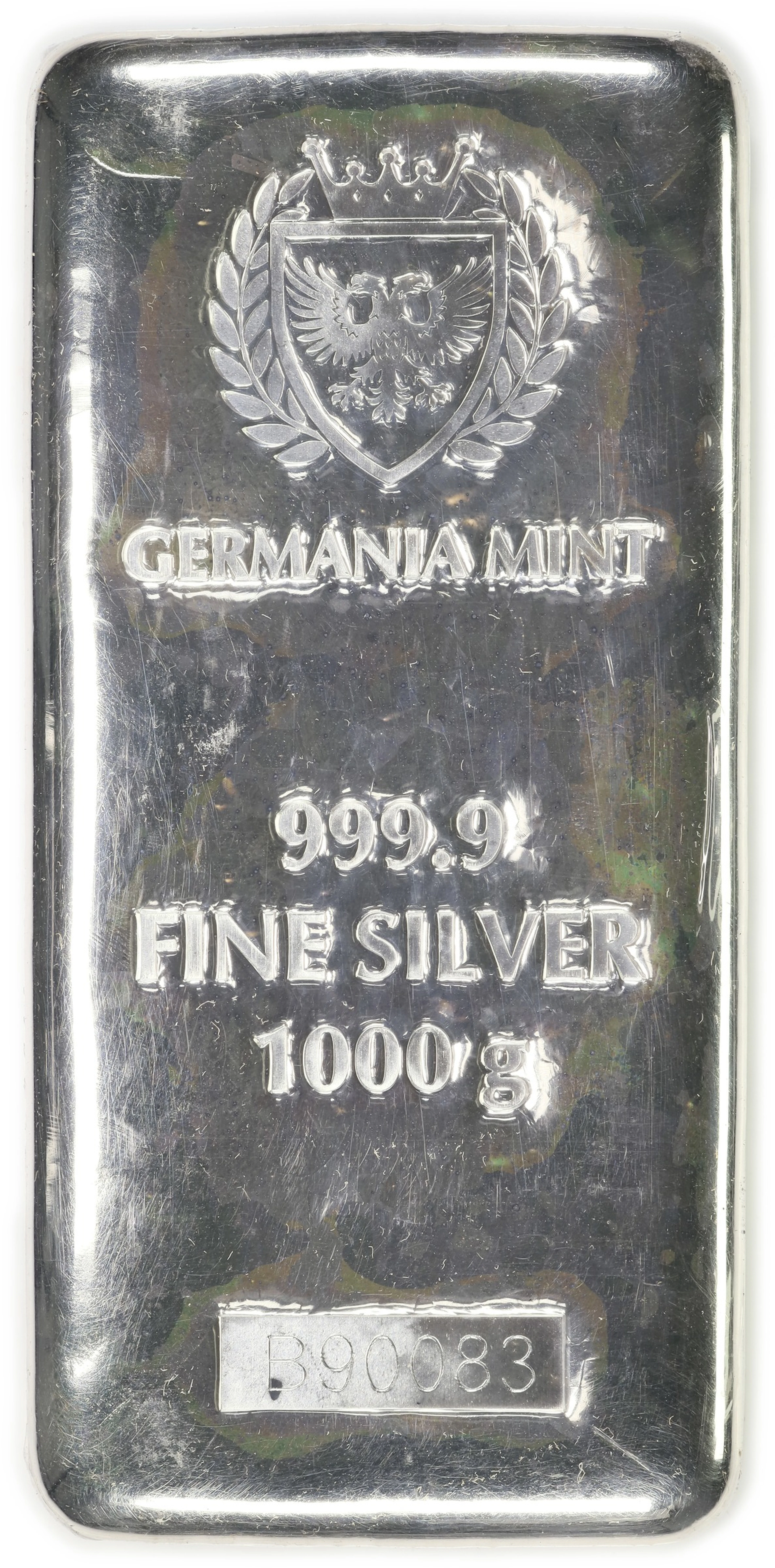 (32.151 oz, 1000 g ASW). Germania Mint 1 Kilo Silver Bar.