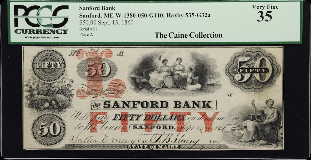Sanford, Maine. Sanford Bank. 1860 $50. PCGS Currency Very Fine 35.