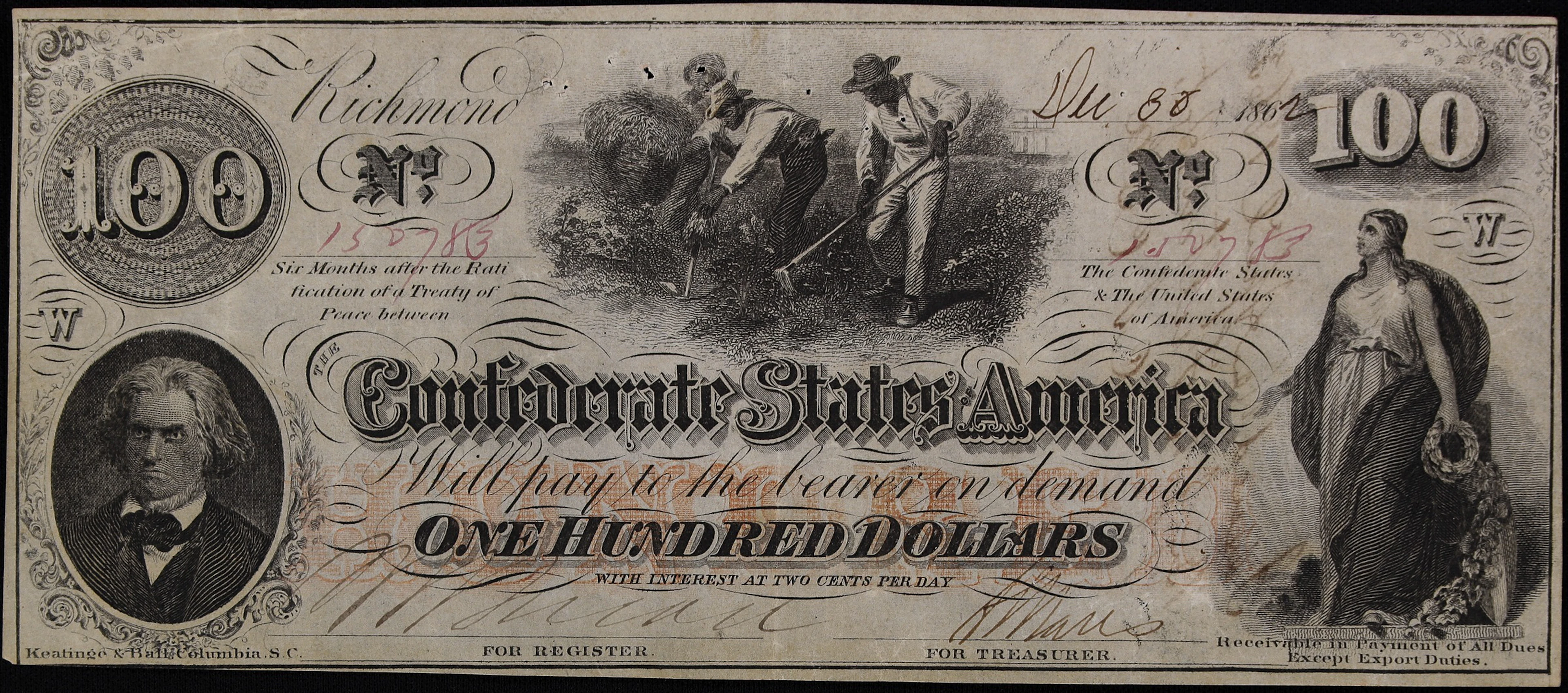 T-41. Confederate Currency. 1862 $100. Very Fine. Penned Military