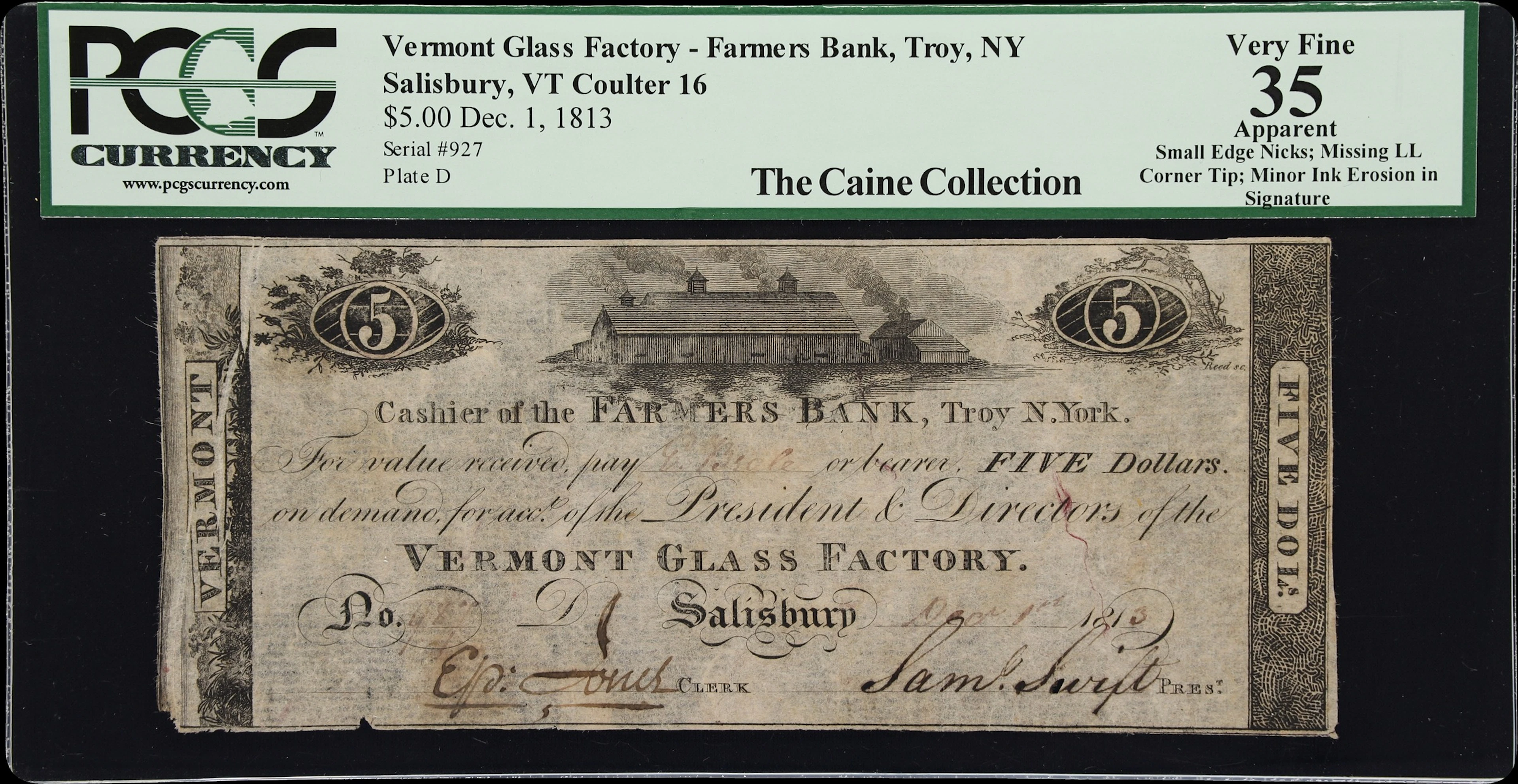 Salisbury, Vermont. Vermont Glass Factory. 1813 $5. PCGS Currency
