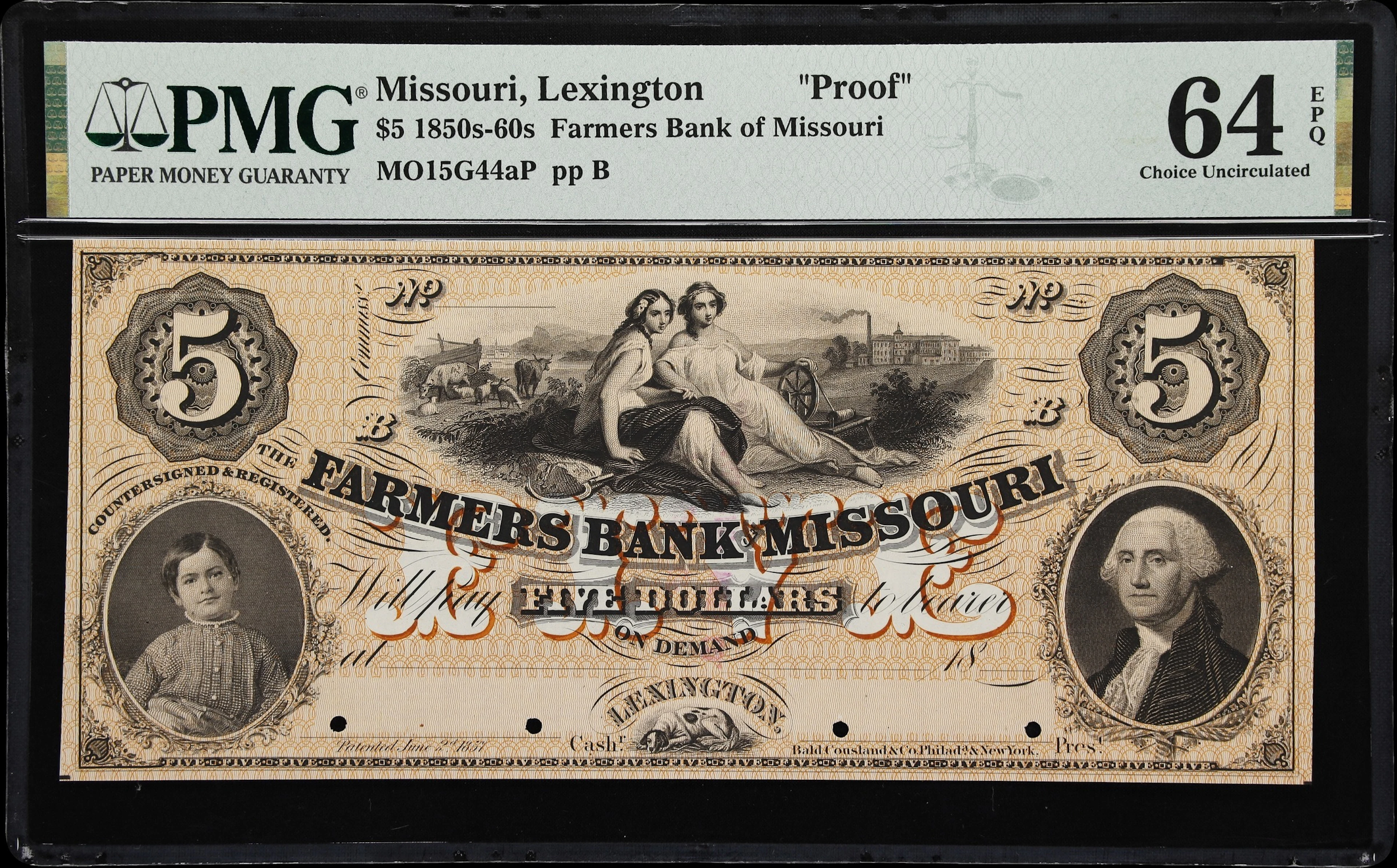Lexington, Missouri. Farmers Bank of Missouri. 18xx $5. PMG Choice
