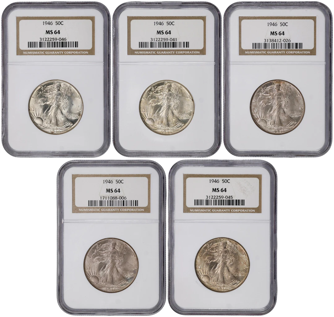 Lot of (5) 1946 Walking Liberty Half Dollars. MS-64 (NGC).