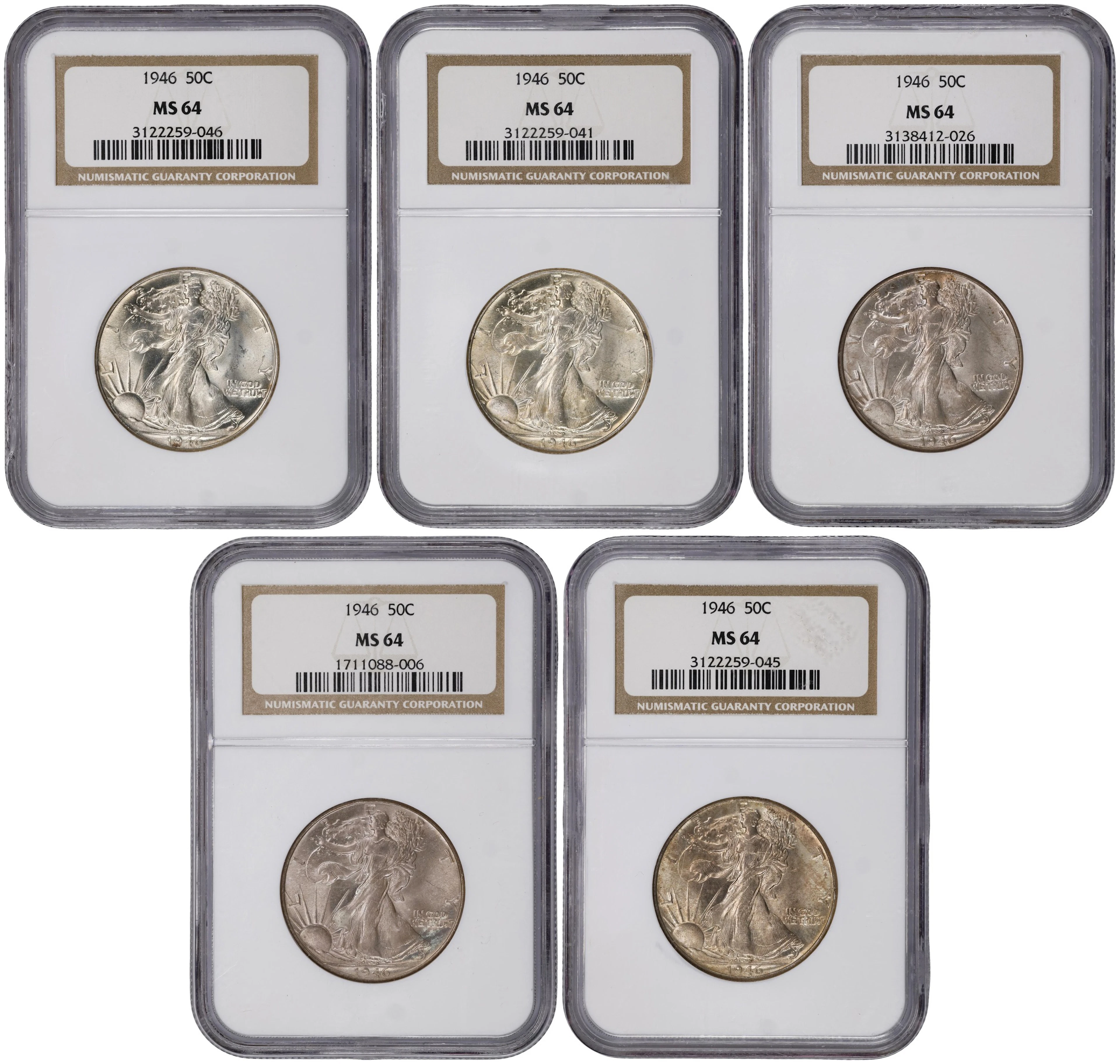 Lot of (5) 1946 Walking Liberty Half Dollars. MS-64 (NGC).