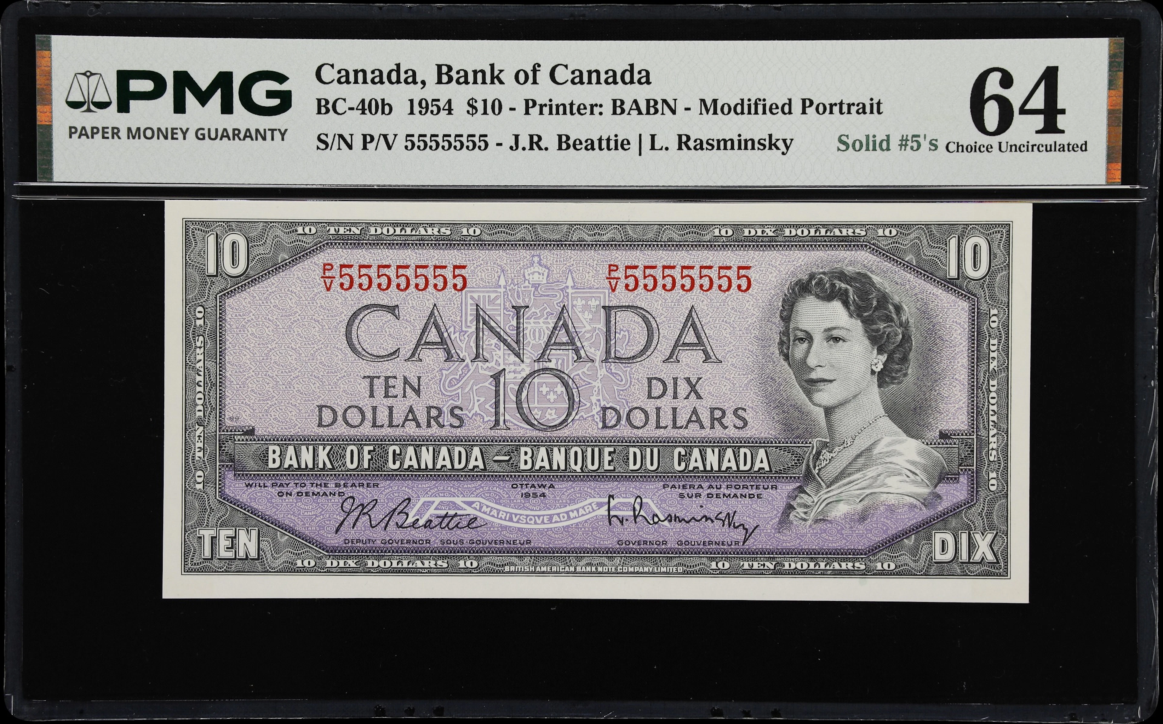 CANADA--FANCY SERIAL NUMBERS. Bank of Canada. 10 Dollars, 1954. BC-40b.