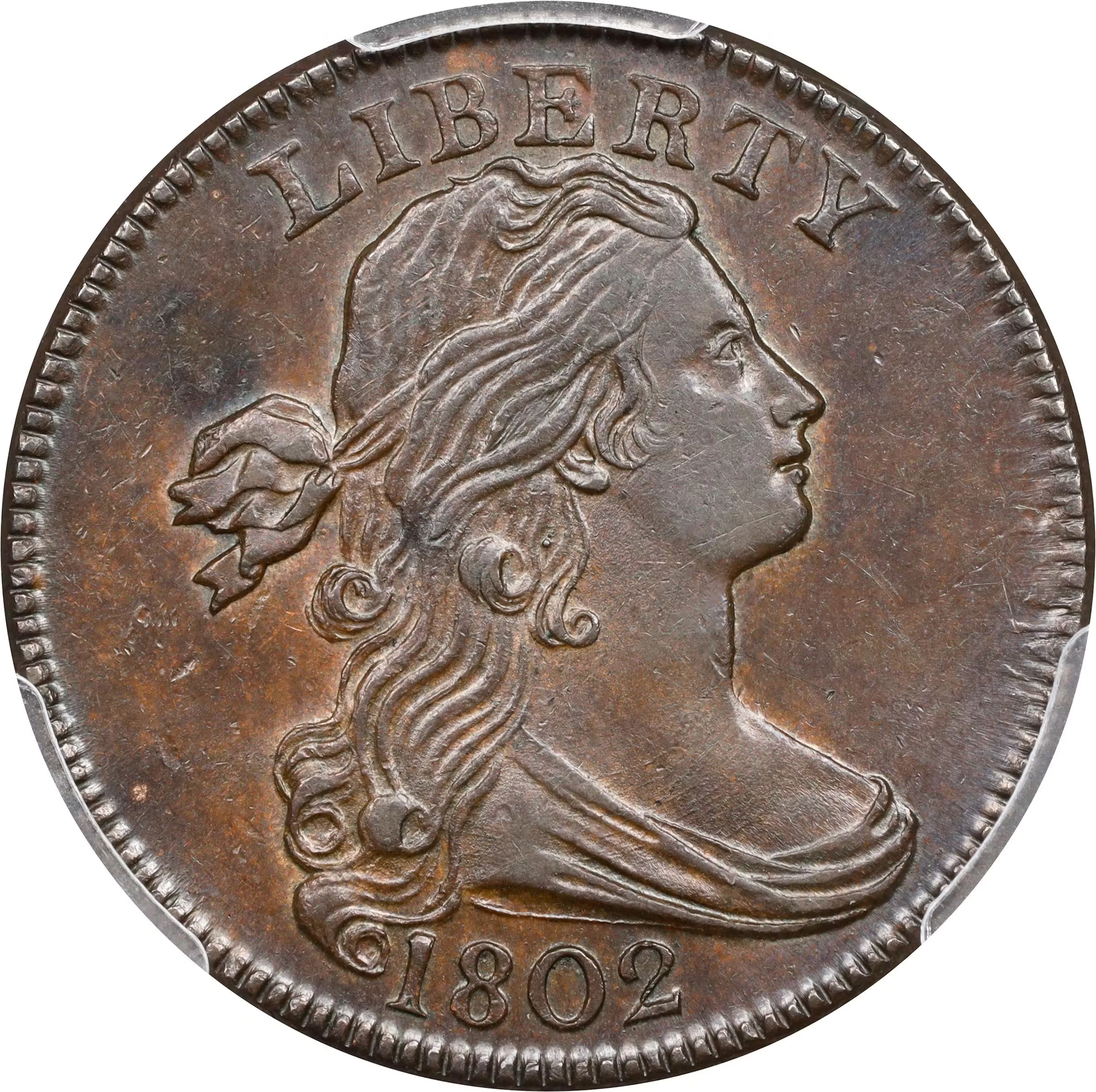 1802 Draped Bust Cent. S-241, B-20. Rarity-1. Stemless Wreath. AU-58+ (PCGS).