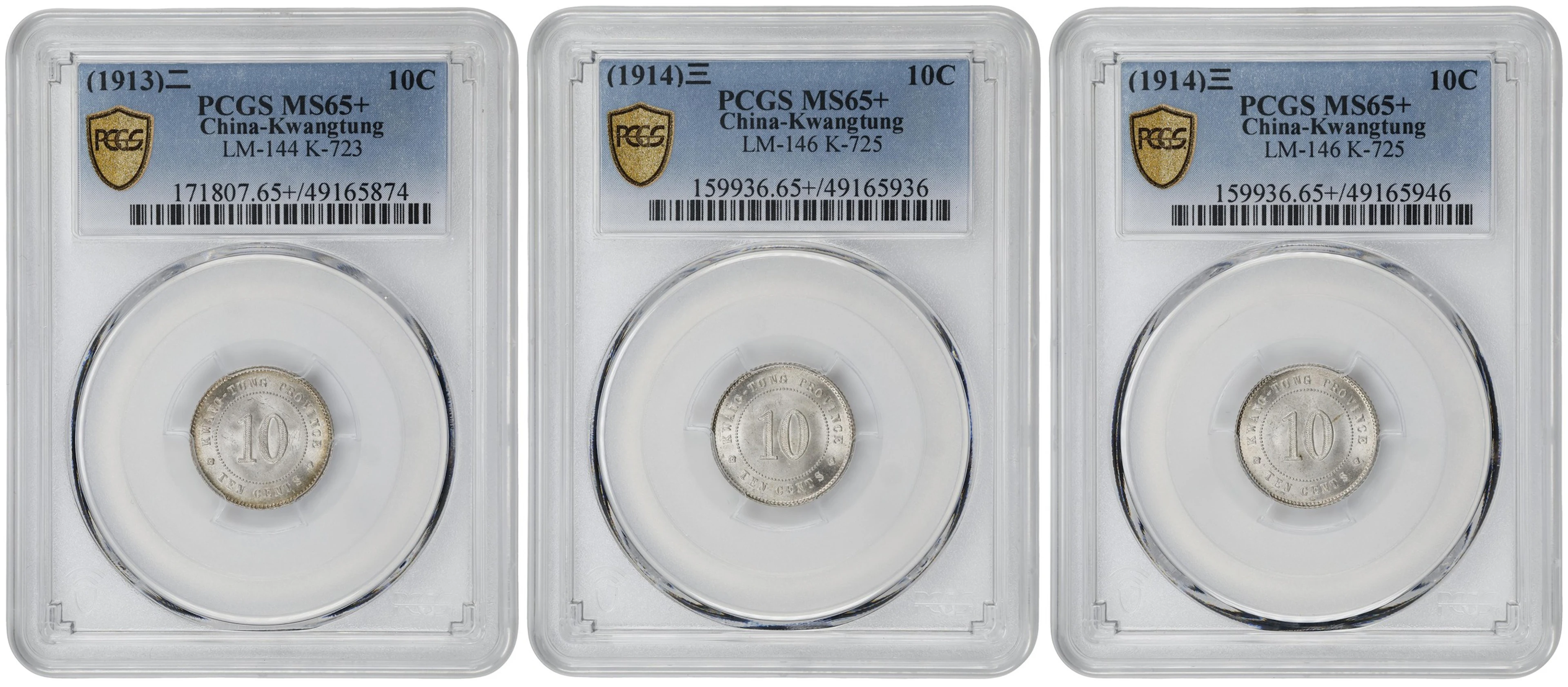 (t) CHINA. Kwangtung. Trio of 10 Cents (3 Pieces), 1913 & 1914. Kwangtung