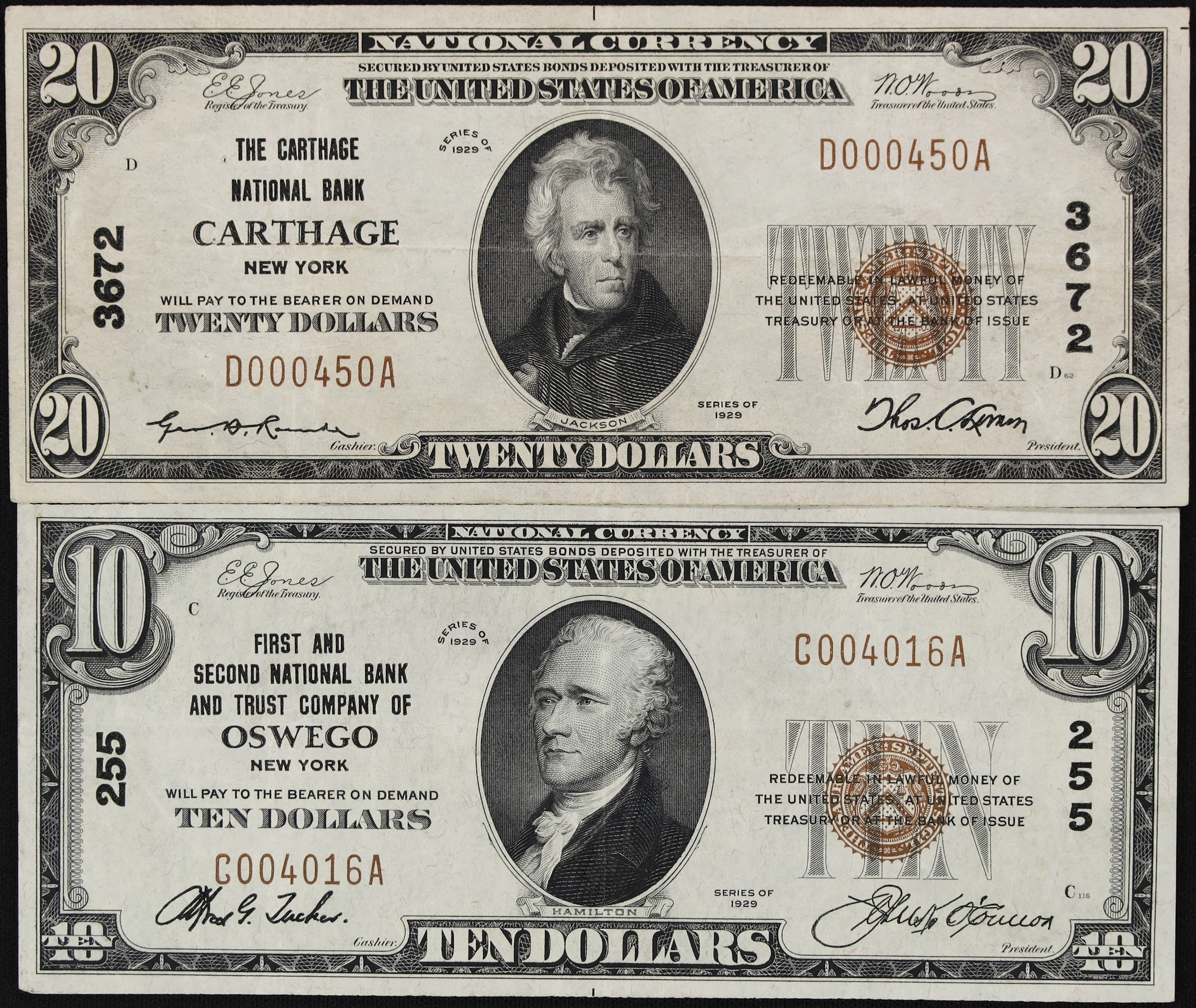 Lot of (2) Carthage & Oswego, New York. 1929 Ty. 1 $10 & $20 Fr. 1801-1