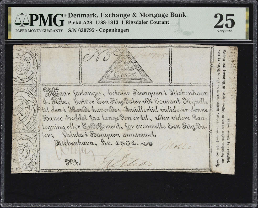 (◊) DENMARK. Exchange & Mortgage Bank. 1 Rigsdaler Courant, 1802.