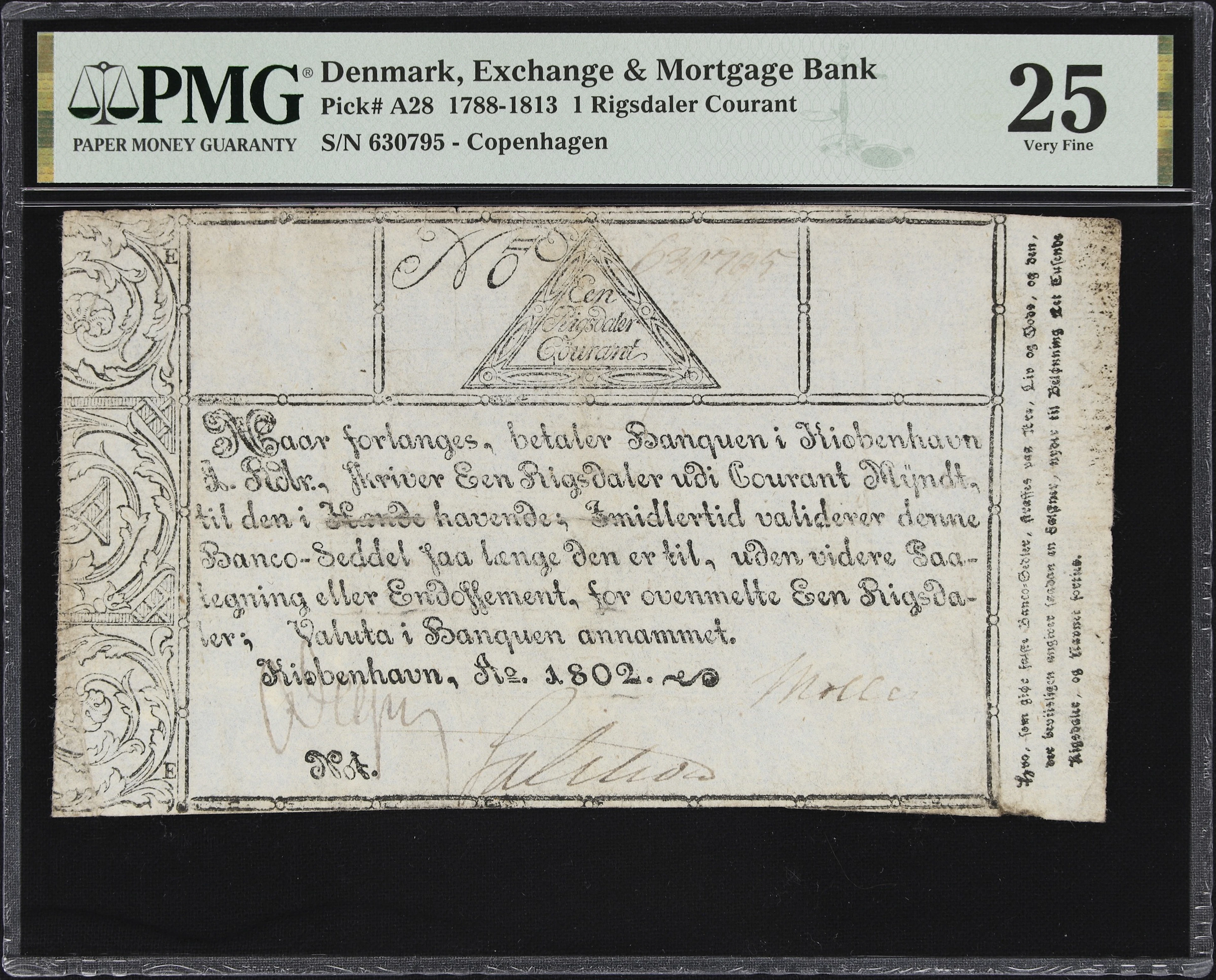 (◊) DENMARK. Exchange & Mortgage Bank. 1 Rigsdaler Courant, 1802.