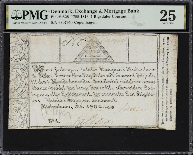 (◊) DENMARK. Exchange & Mortgage Bank. 1 Rigsdaler Courant, 1802.