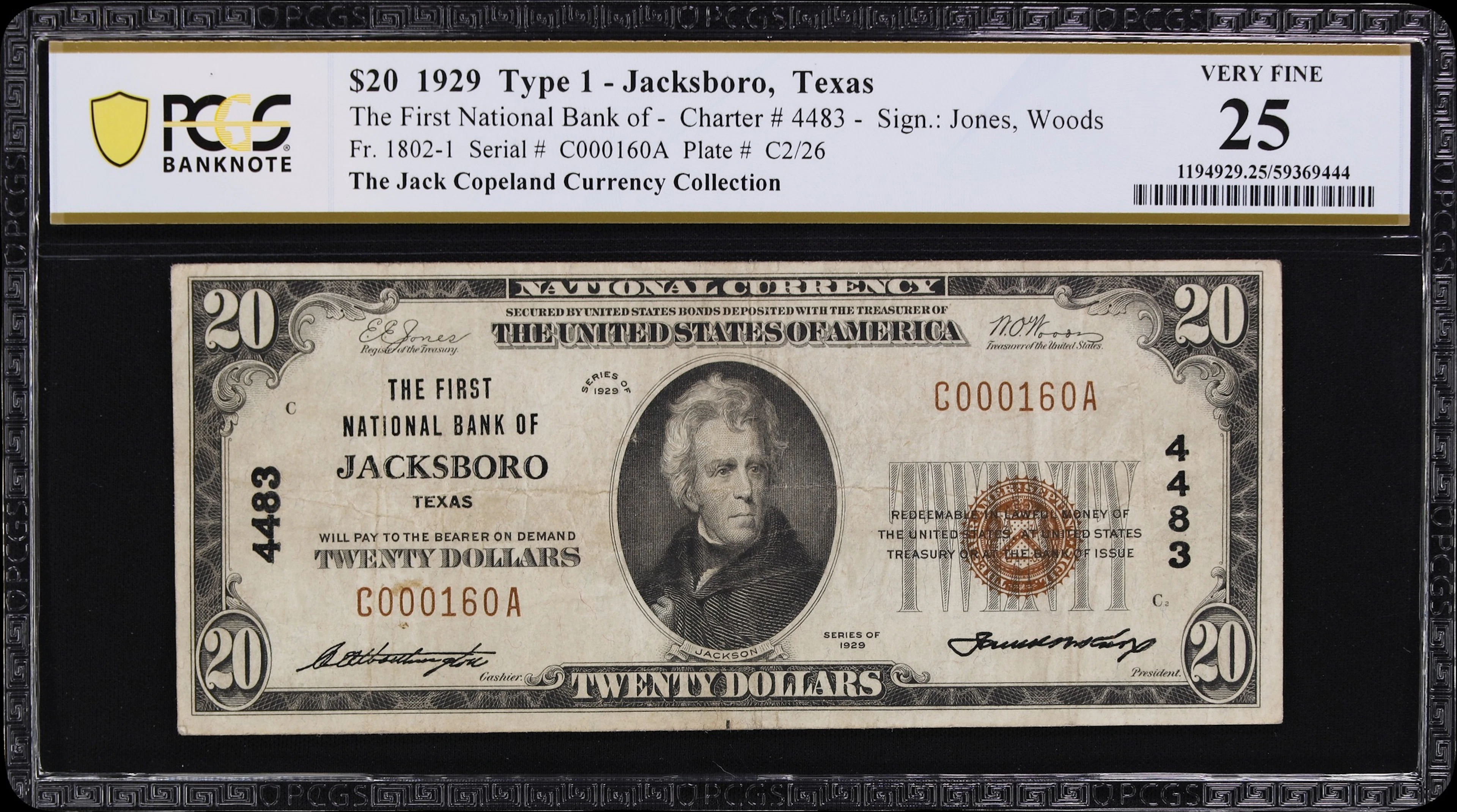 Jacksboro, Texas. $20 1929 Ty. 1. Fr. 1802-1. First NB. Charter #4483.