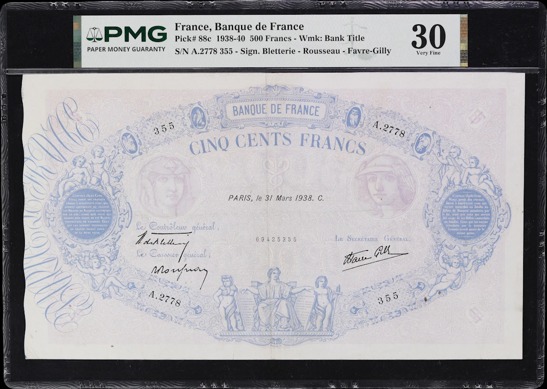 FRANCE. Banque de France. 500 Francs, 31.3.1938. P-88c. PMG Very Fine 30.