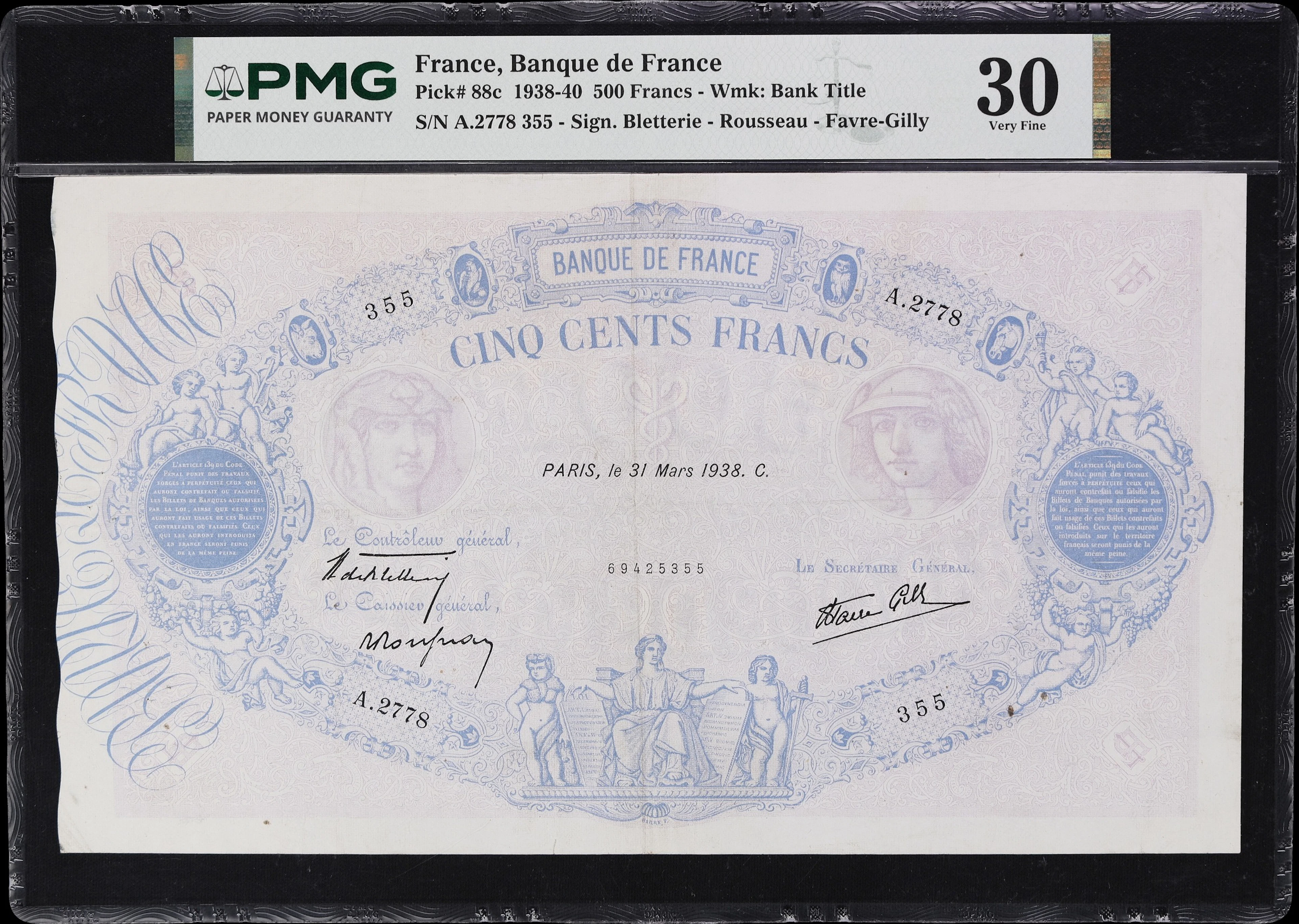 FRANCE. Banque de France. 500 Francs, 31.3.1938. P-88c. PMG Very Fine 30.