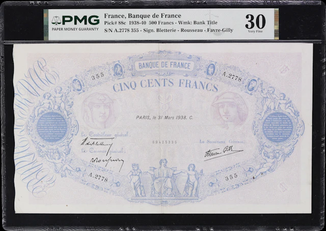 FRANCE. Banque de France. 500 Francs, 31.3.1938. P-88c. PMG Very Fine 30.