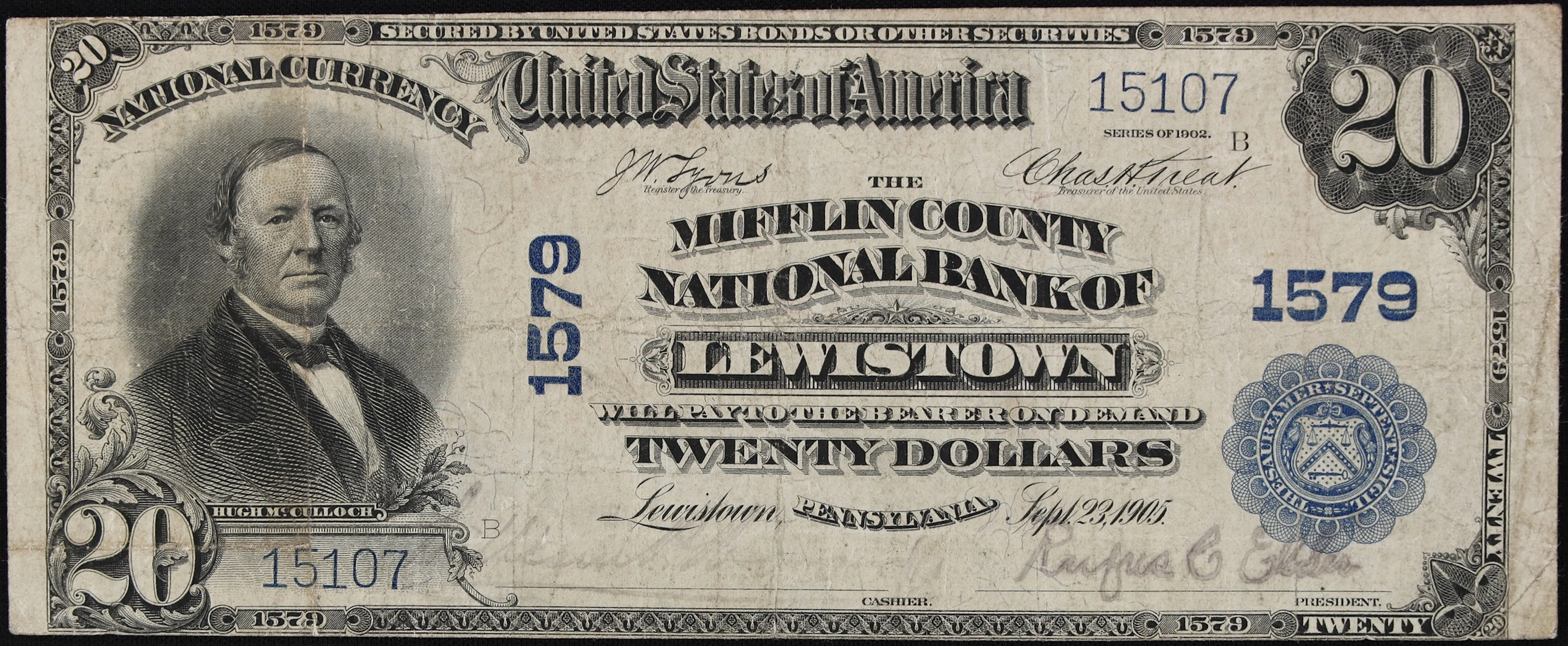 Lewistown, Pennsylvania. $20 1902 Plain Back. Fr. 651. The Mifflin