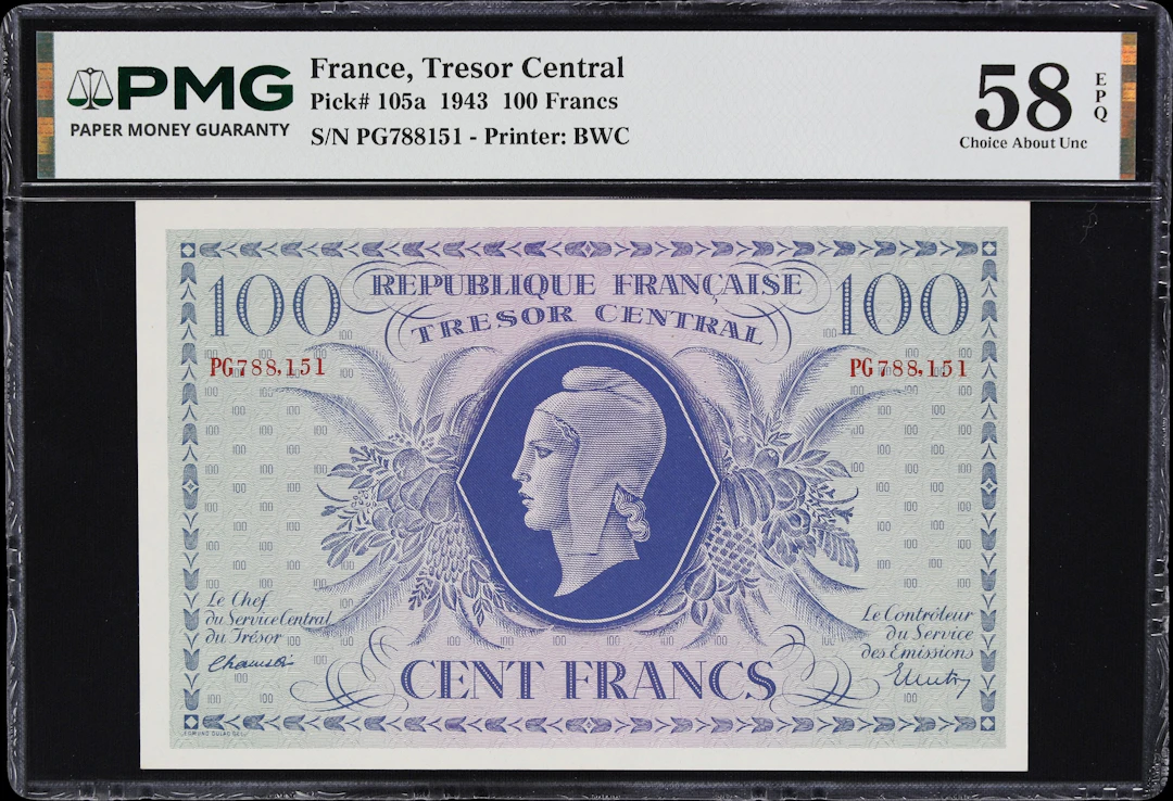 FRANCE. Tresor Central. 100 Francs, 2.10.1945. P-105a. PMG Choice