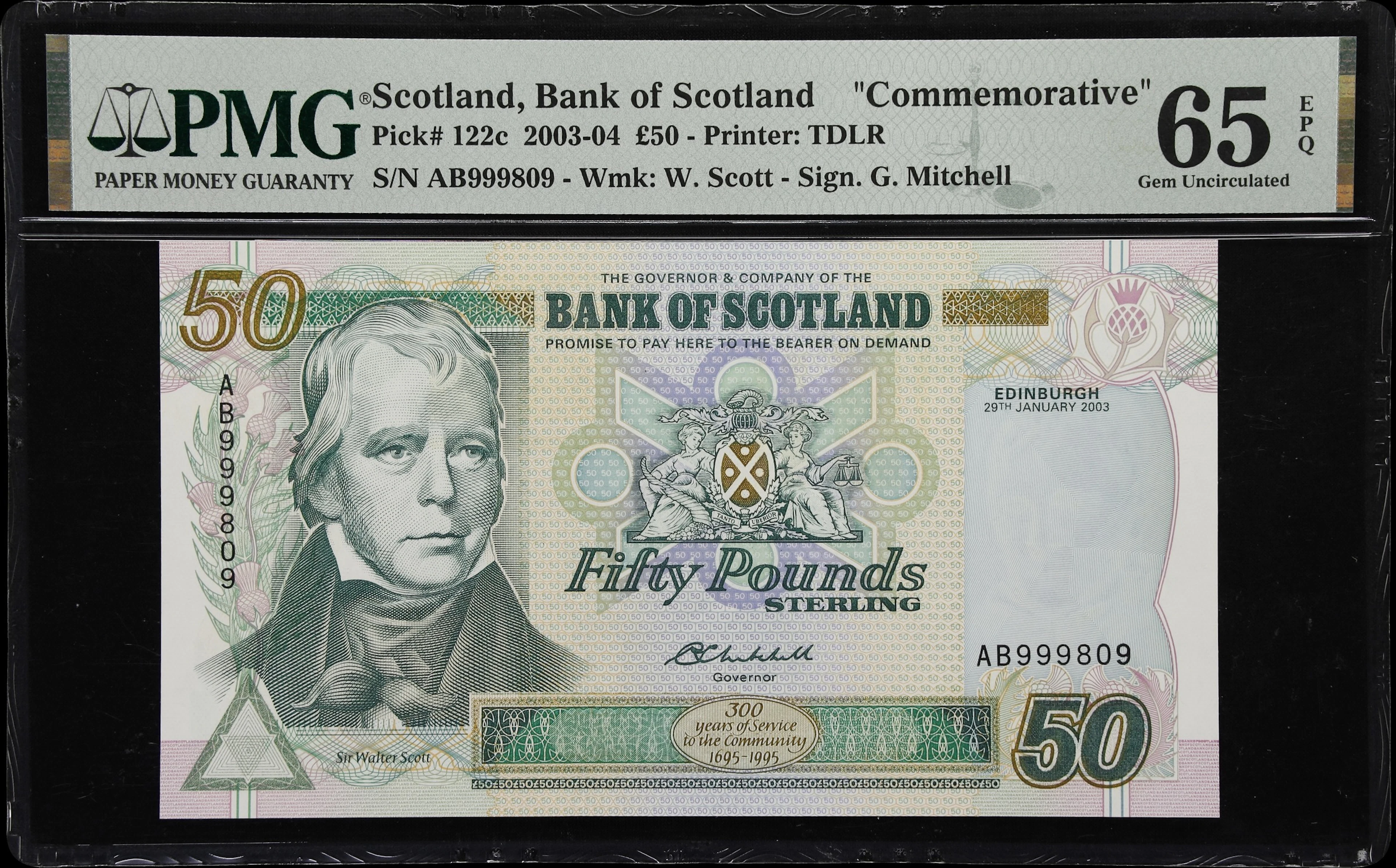 SCOTLAND. Bank of Scotland. 50 Pounds, 29.1.2003. P-122c. Commemorative.