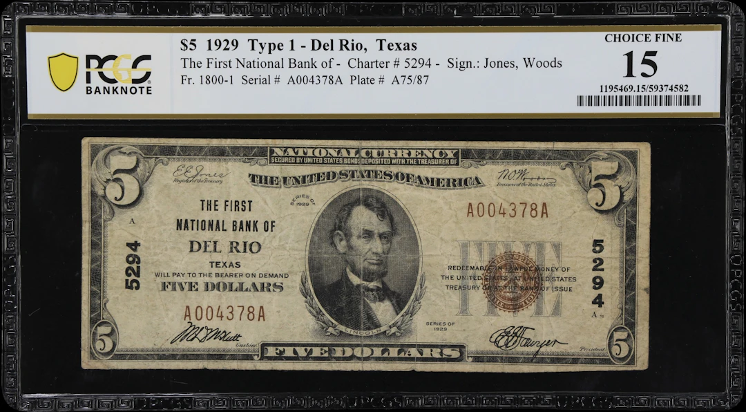 Del Rio, Texas. $5 1929 Ty. 1. Fr. 1800-1. First NB. Charter #5294.