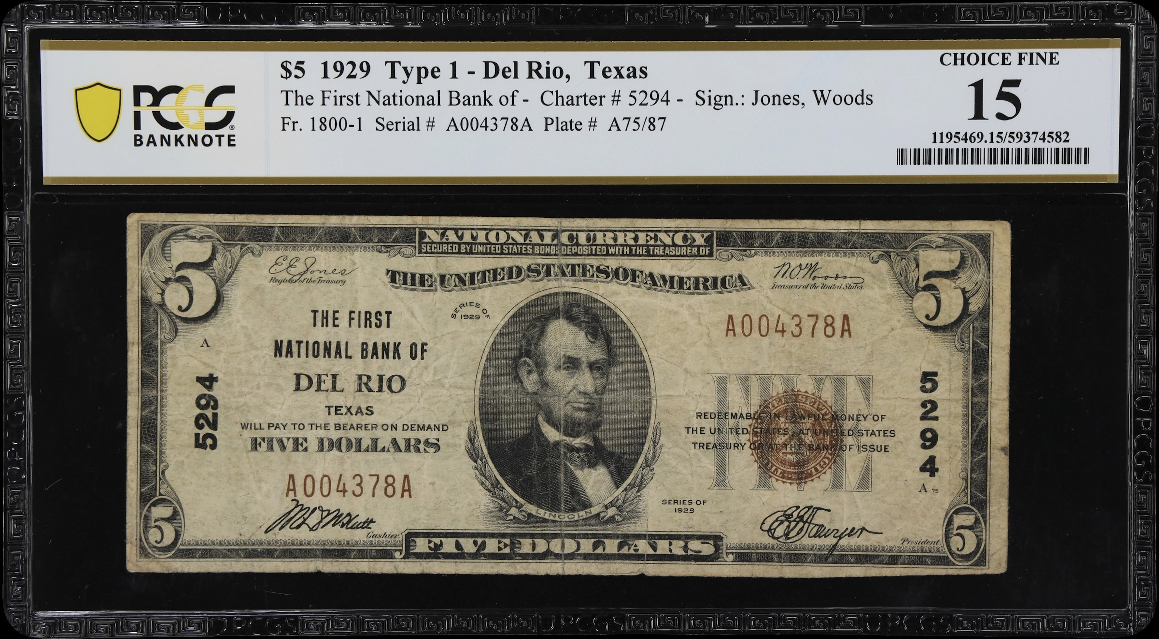 Del Rio, Texas. $5 1929 Ty. 1. Fr. 1800-1. First NB. Charter #5294.