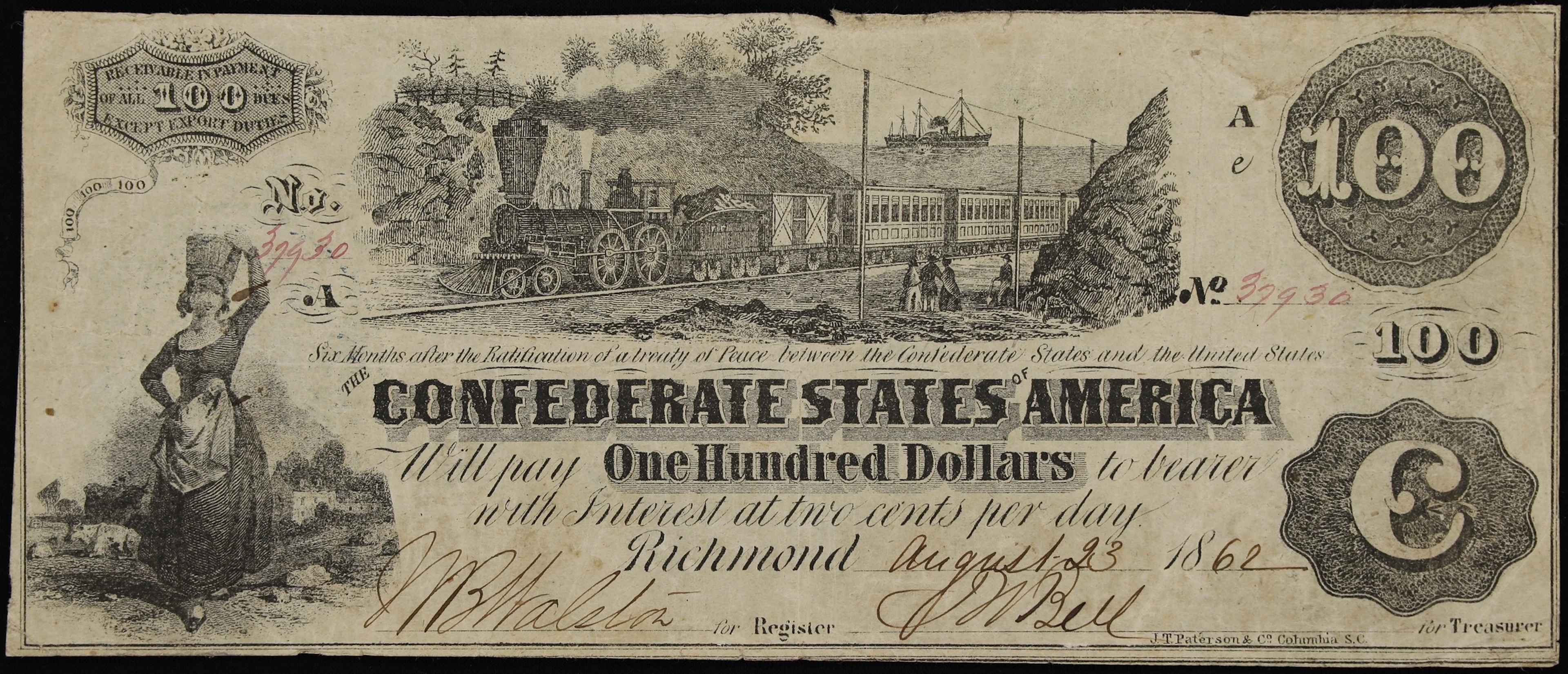 T-39 (Cr. 290a). Confederate Currency. 1862 $100. Very Fine Stamped
