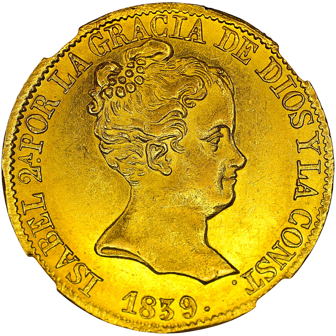 (◊) SPAIN. 80 Reales, 1839-B PS. Barcelona Mint. Isabella II. NGC MS-62.