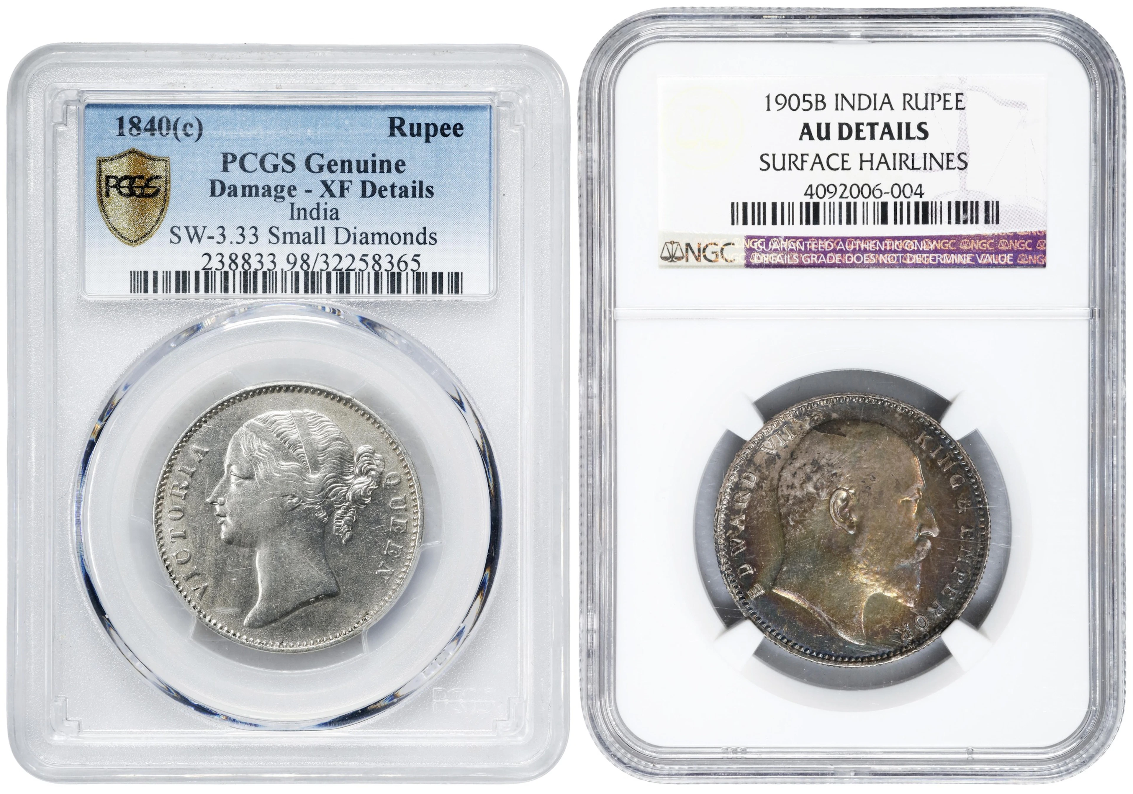INDIA. Duo of Rupees (2 Pieces), 1840 & 1905. Both PCGS or NGC Certified.