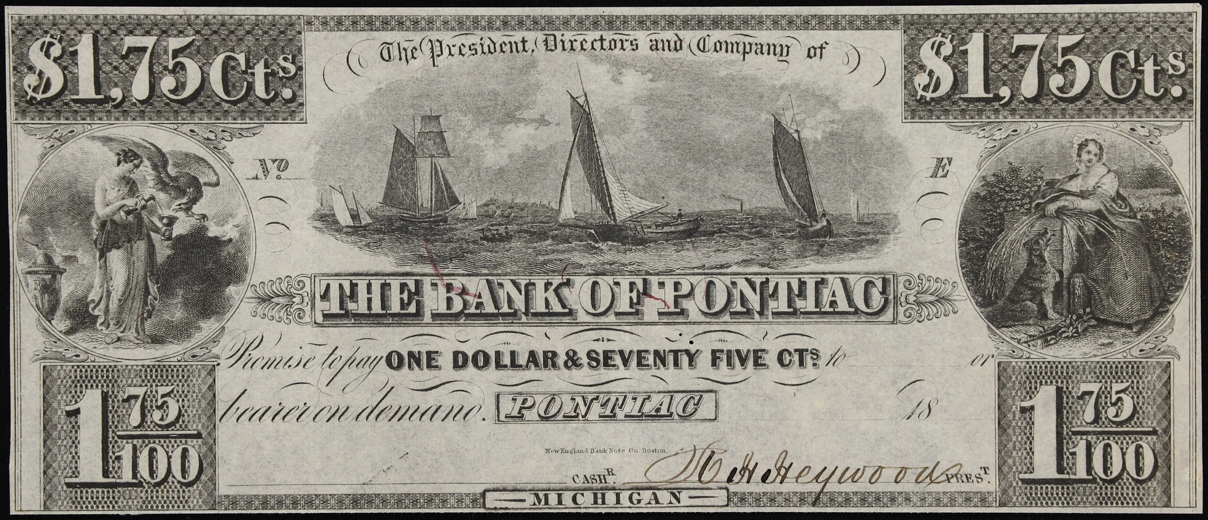 Pontiac, Michigan. Bank of Pontiac. 18xx $1.75. Extremely Fine to