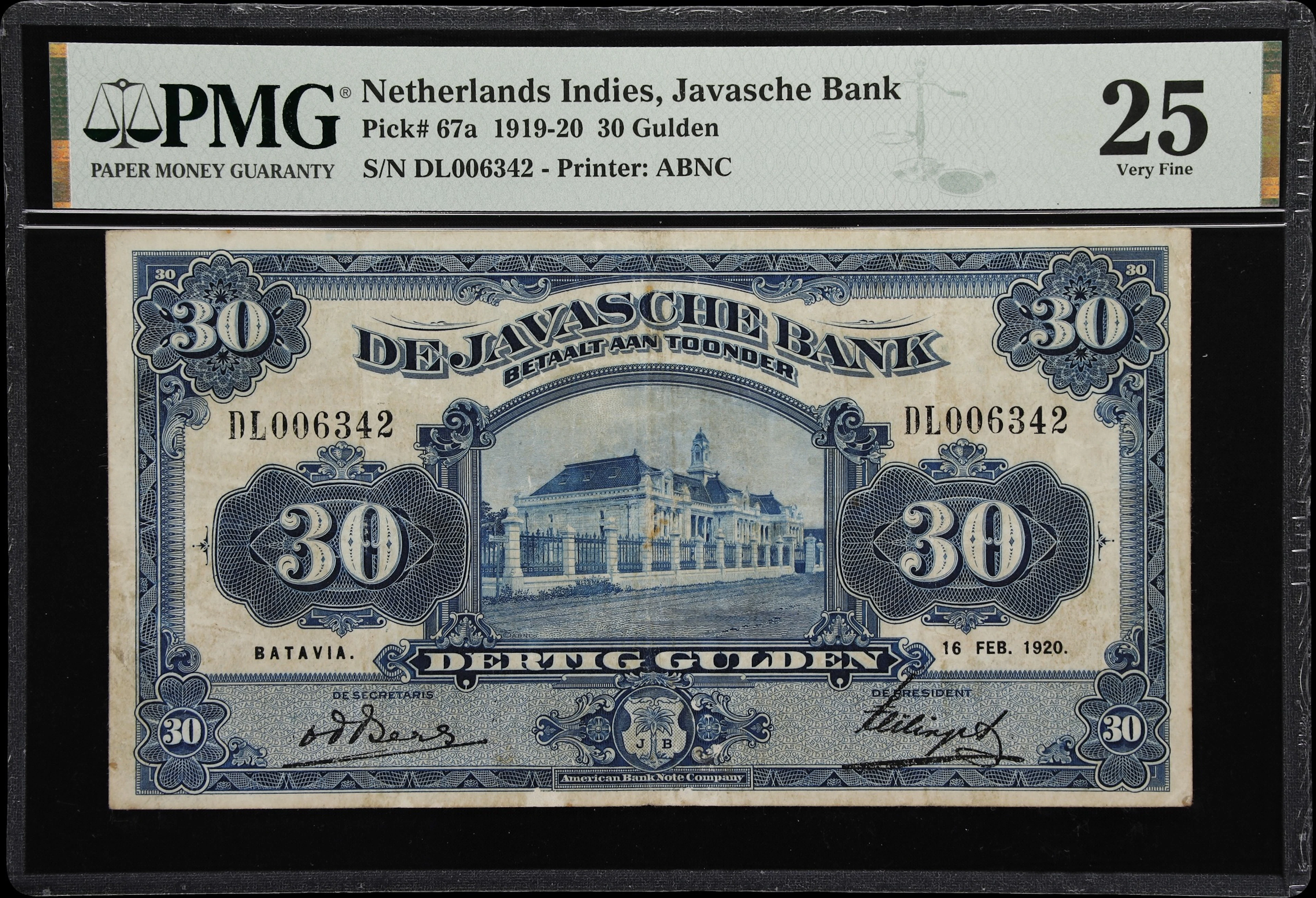 NETHERLANDS INDIES. Javasche Bank. 30 Gulden, 16.2.1920. P-67a. PMG