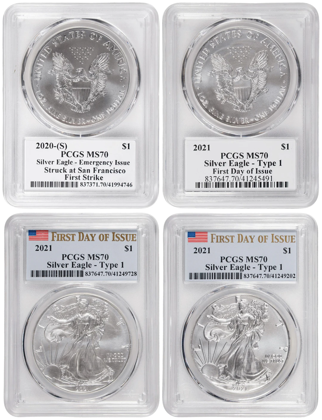 Lot of (4) 2020s Silver Eagles. MS-70 (PCGS).